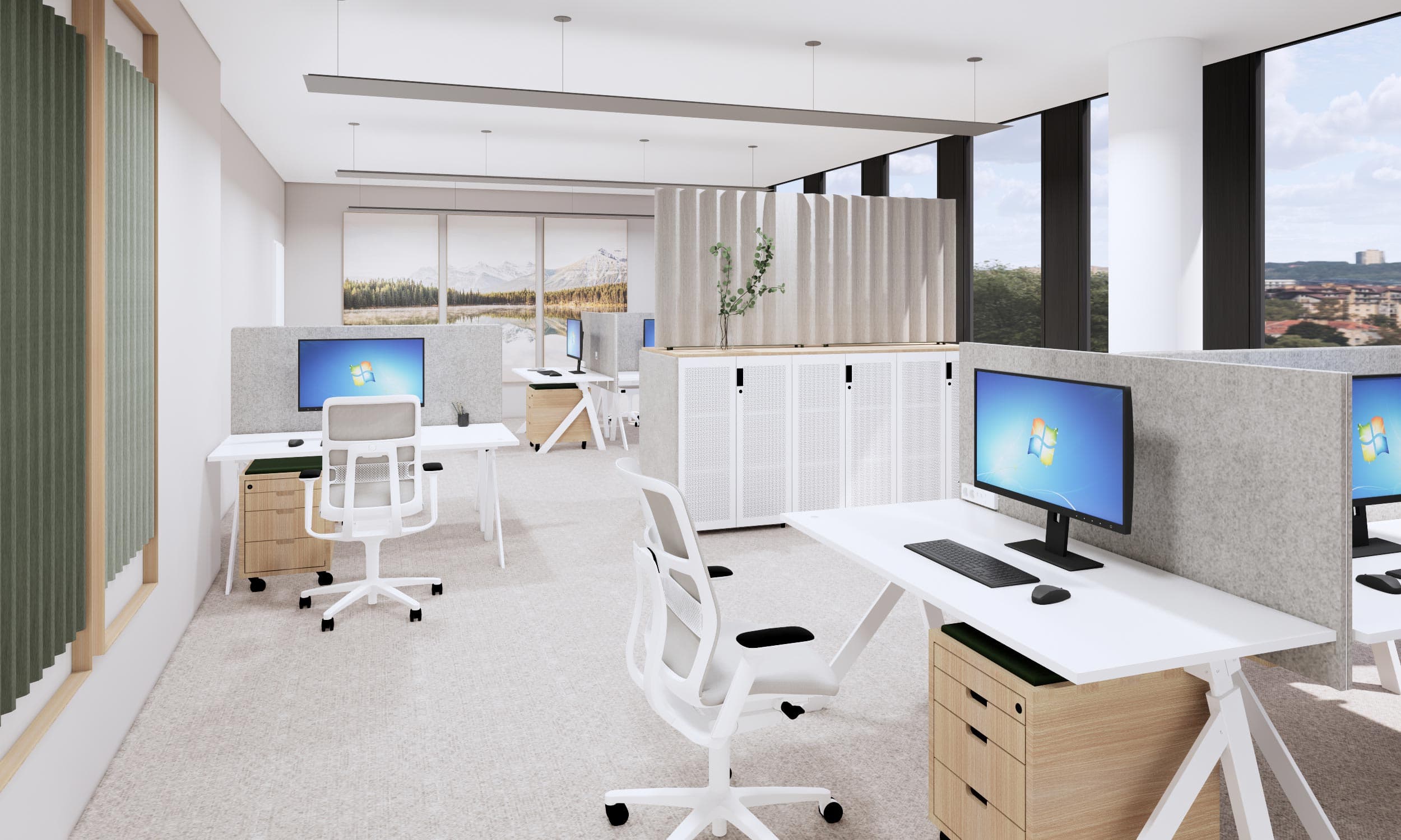 Open-Space-Büro mit weißen Schreibtischen, Trennwänden und Stadtblick