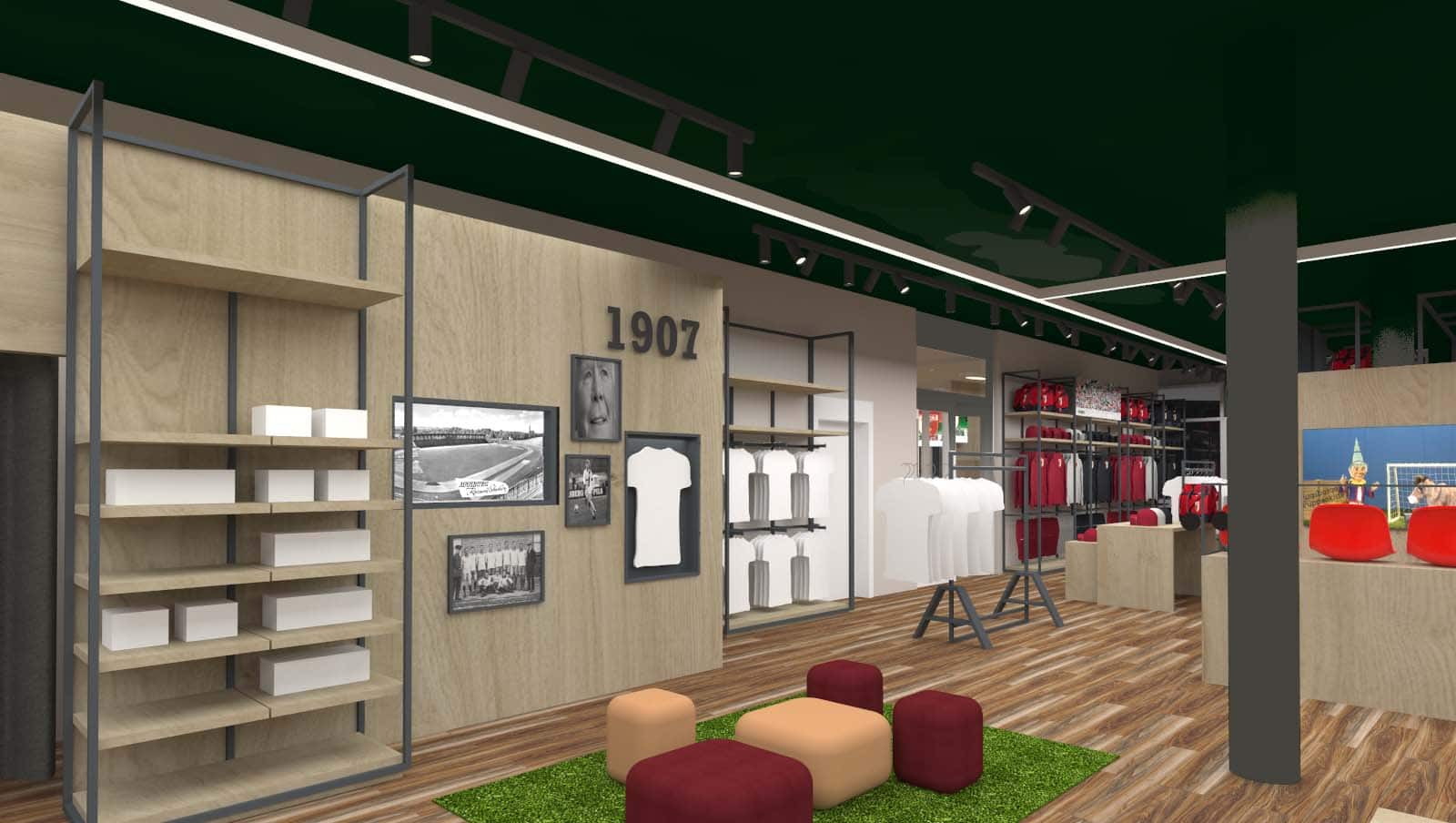 Innenarchitektur München - Shop Design / Ladenbau, Heritage Wand im Fanshop vom FC Augsburg
