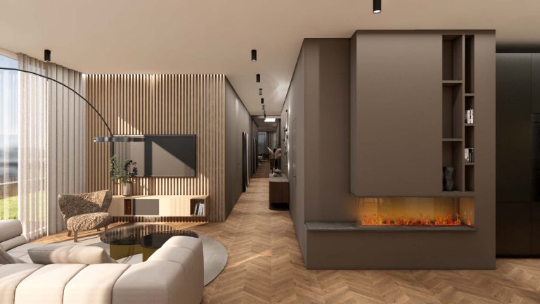 3D-Visualisierung: Innenarchitektur München - Offenes Wohnzimmer/Esszimmer Penthouse Wohnung in hellen Tönen