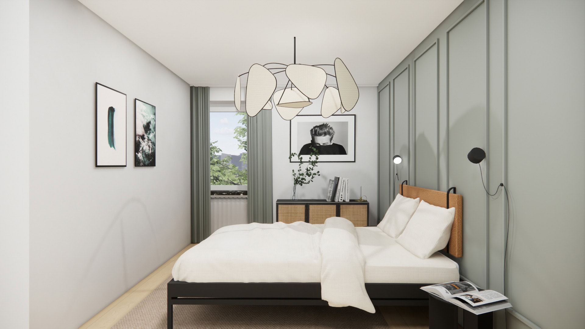 3D-Visualisierung: Schlafzimmer mit salbeigrünem Schrank, schwarzem Bett und Origami-Leuchte