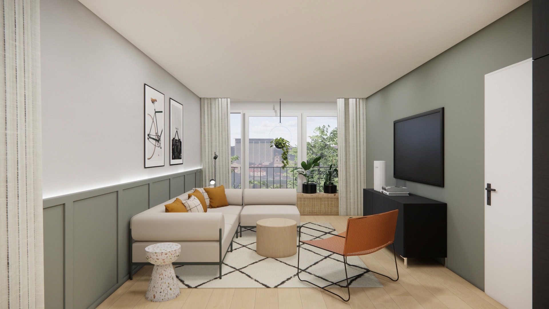 3D-Visualisierung: Wohnzimmer mit hellem Sofa, TV-Board und salbeigrüner Halbvertäfelung