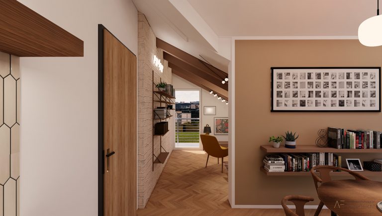 Innenarchitektur München - Erweiterung Doppelhaus in Dießen am Ammersee, Blick vom Essbereich ins Wohnzimmer im Dachgeschoss