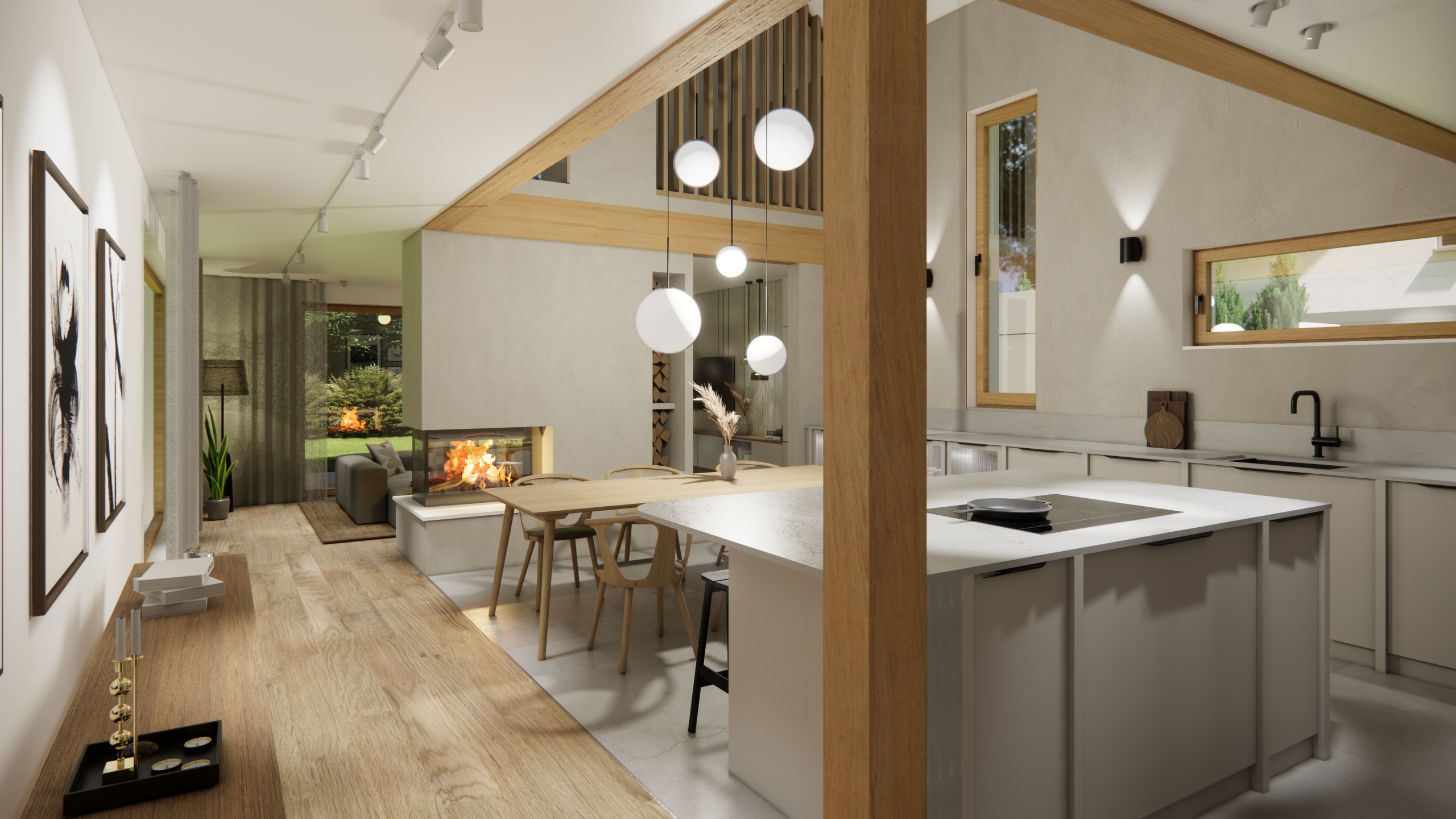 3D-Visualisierung: Innenarchitektur München / Innenarchitektur Federleicht – Neubau Einfamilienhaus Geretsried bei München: Offene Wohnküche mit Essbereich, Kamin, Galerieebene, Holzdetails und Blick in den Wohnbereich eines renovierten Einfamilienhauses