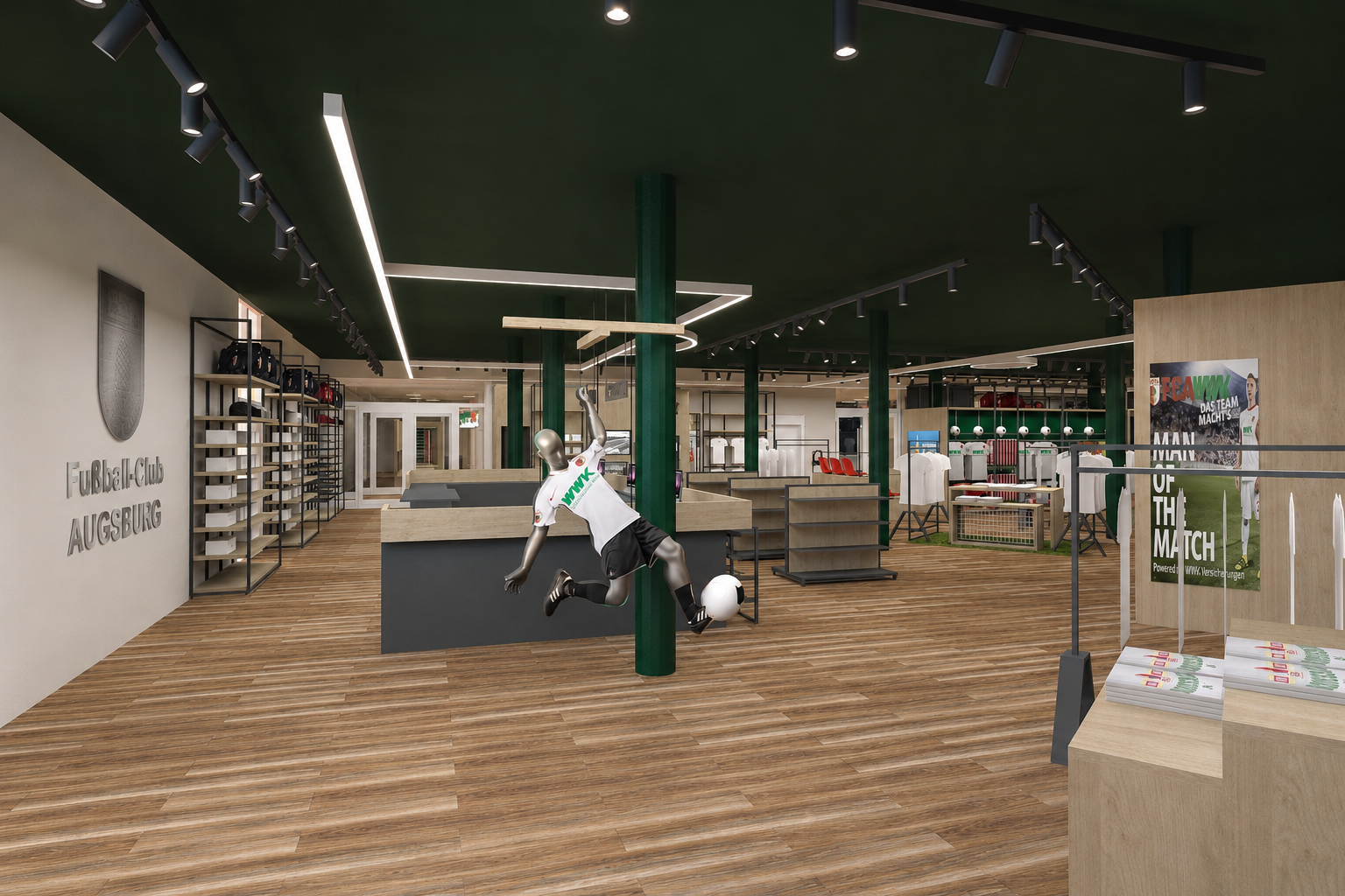 3D-Visualisierung: Fanshop mit dunkelgrüner Decke, Warentischen und Trikotwänden