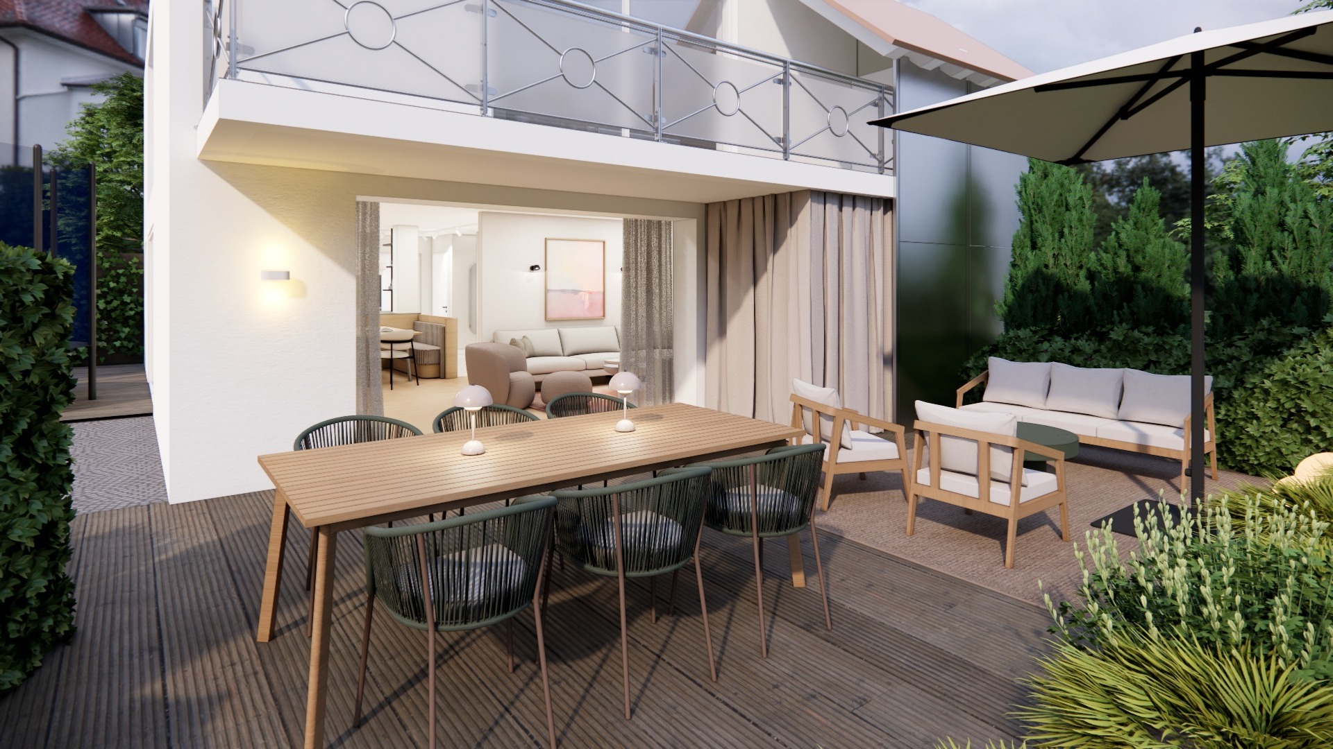 3D-Visualisierung: Überdachte Terrasse mit langem Holzesstisch, schwarzen Stühlen, Sonnenschirm und Blick durch die Glasfront in den Wohnraum