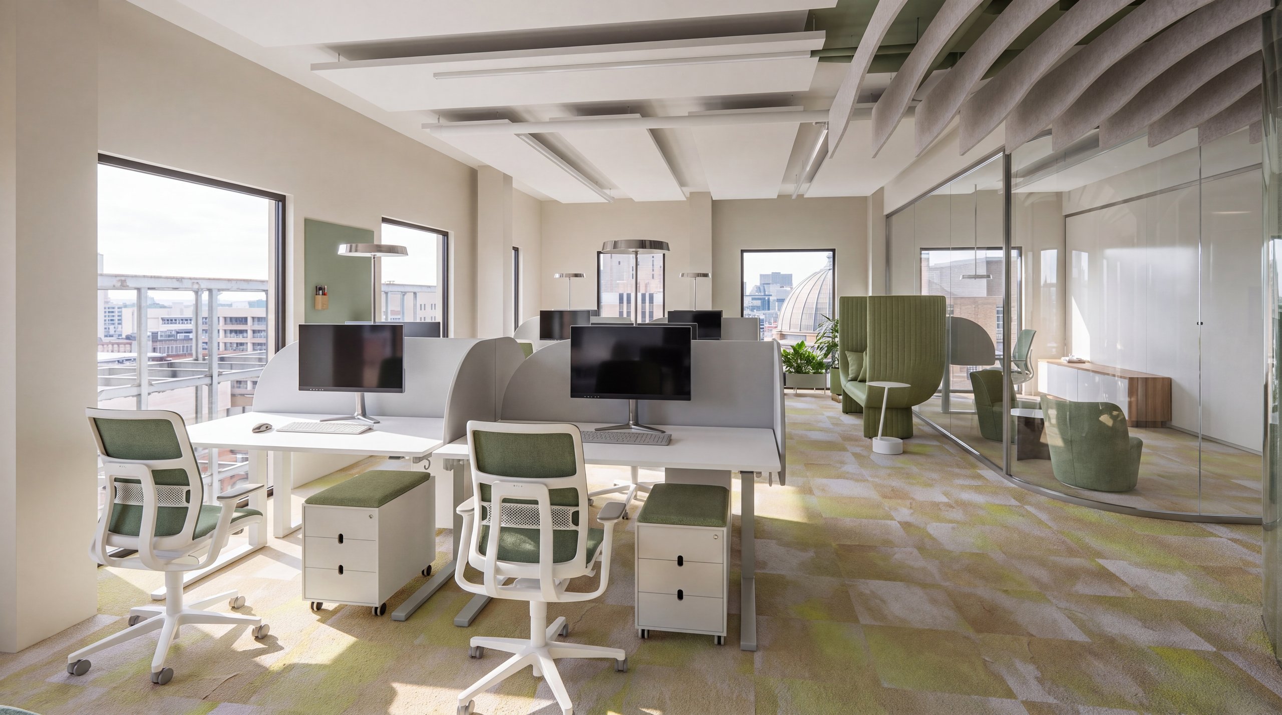 3D-Visualisierung: Innenarchitektur München - Büroprojekt von Innenarchitektur Federleicht in der Schweiz in Zürich: Arbeitsplätze mit Tageslicht und grünem Teppich