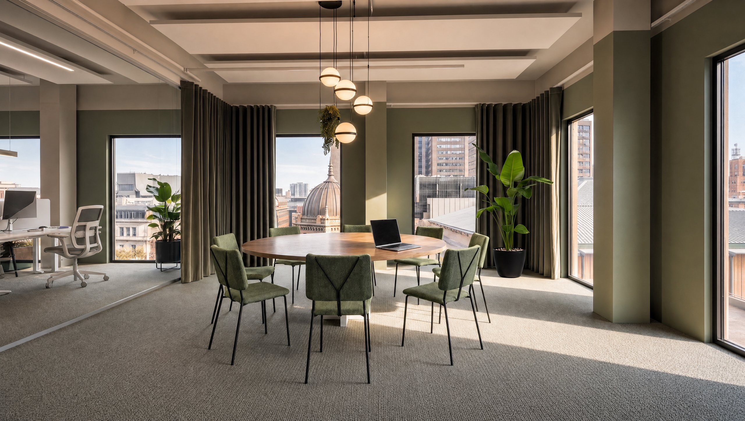 3D-Visualisierung: Innenarchitektur München - Büroprojekt von Innenarchitektur Federleicht in der Schweiz in Zürich: Besprechungsraum mit rundem Tisch und Stadtblick