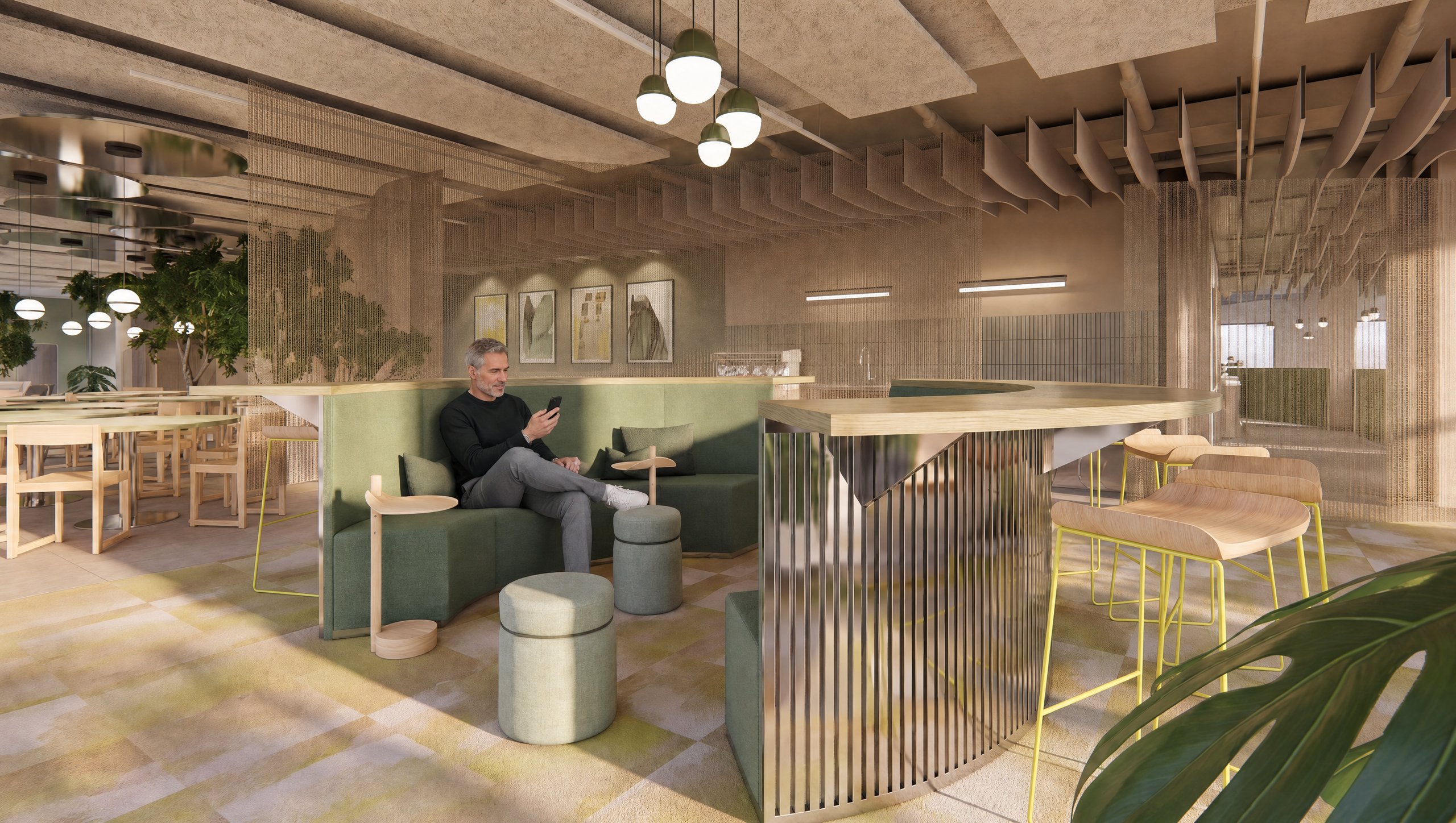 3D-Visualisierung: Innenarchitektur München - Büroprojekt von Innenarchitektur Federleicht in der Schweiz in Zürich: Cafeteria mit Sitzecke und Bar