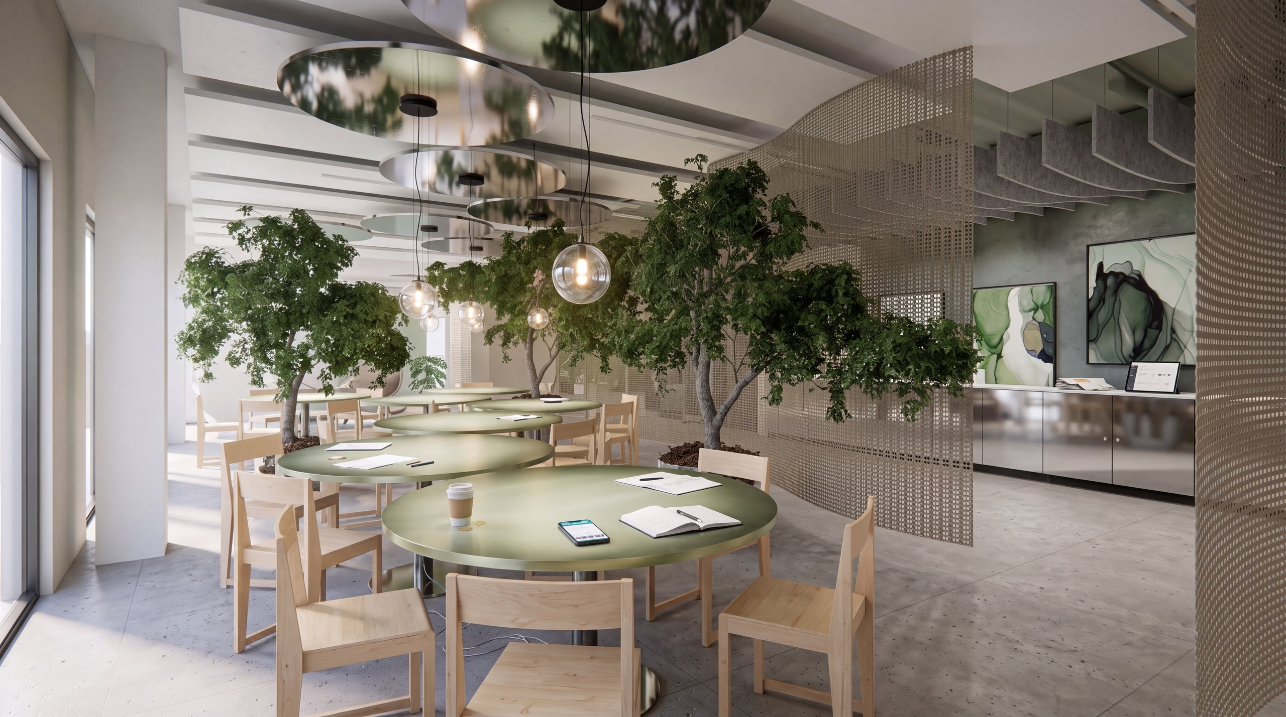 3D-Visualisierung: Innenarchitektur München - Büroprojekt von Innenarchitektur Federleicht in der Schweiz in Zürich: Lounge mit Baum und rundem Besprechungstisch
