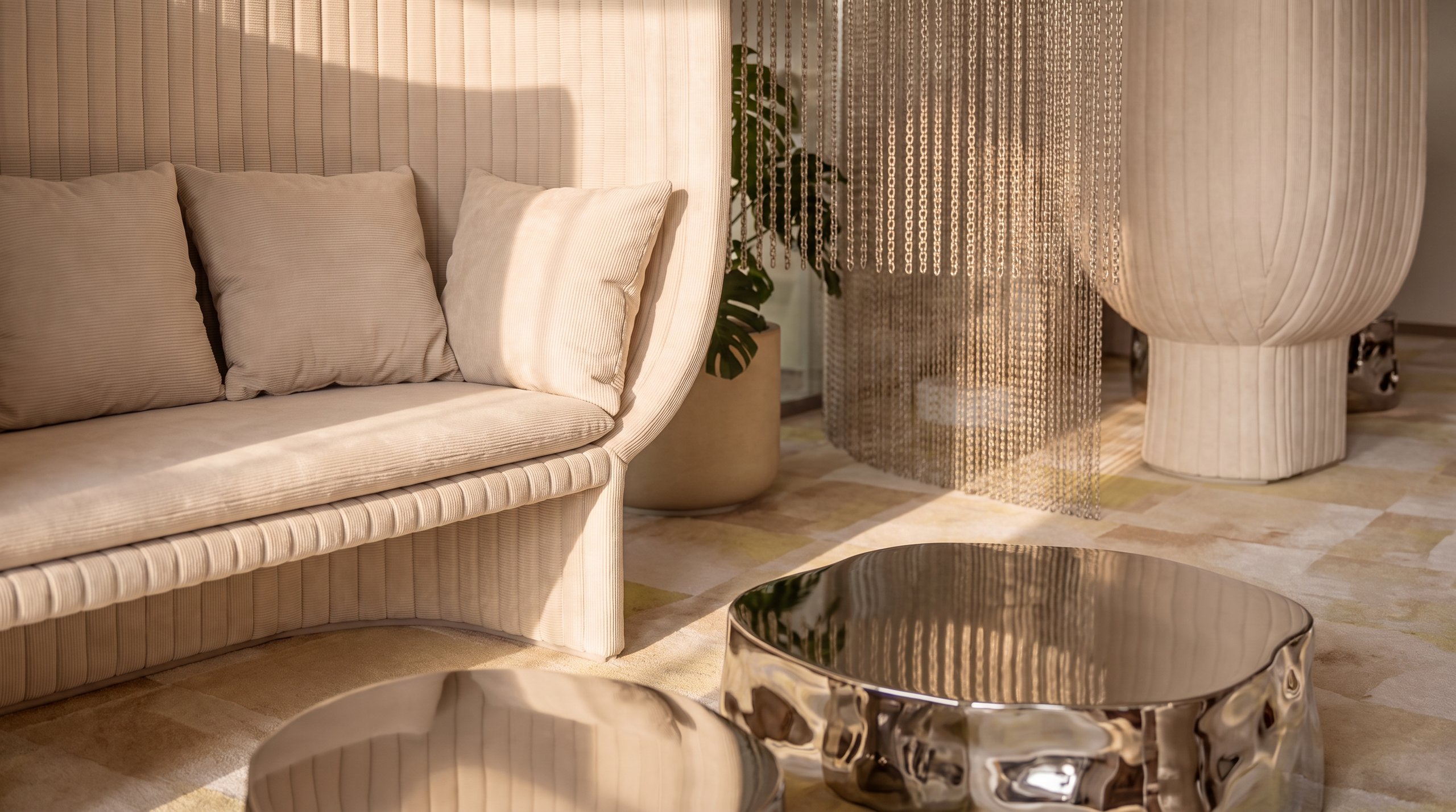 3D-Visualisierung: Innenarchitektur München - Büroprojekt von Innenarchitektur Federleicht in der Schweiz in Zürich: Detail Lounge-Sofa mit verspiegeltem Beistelltisch