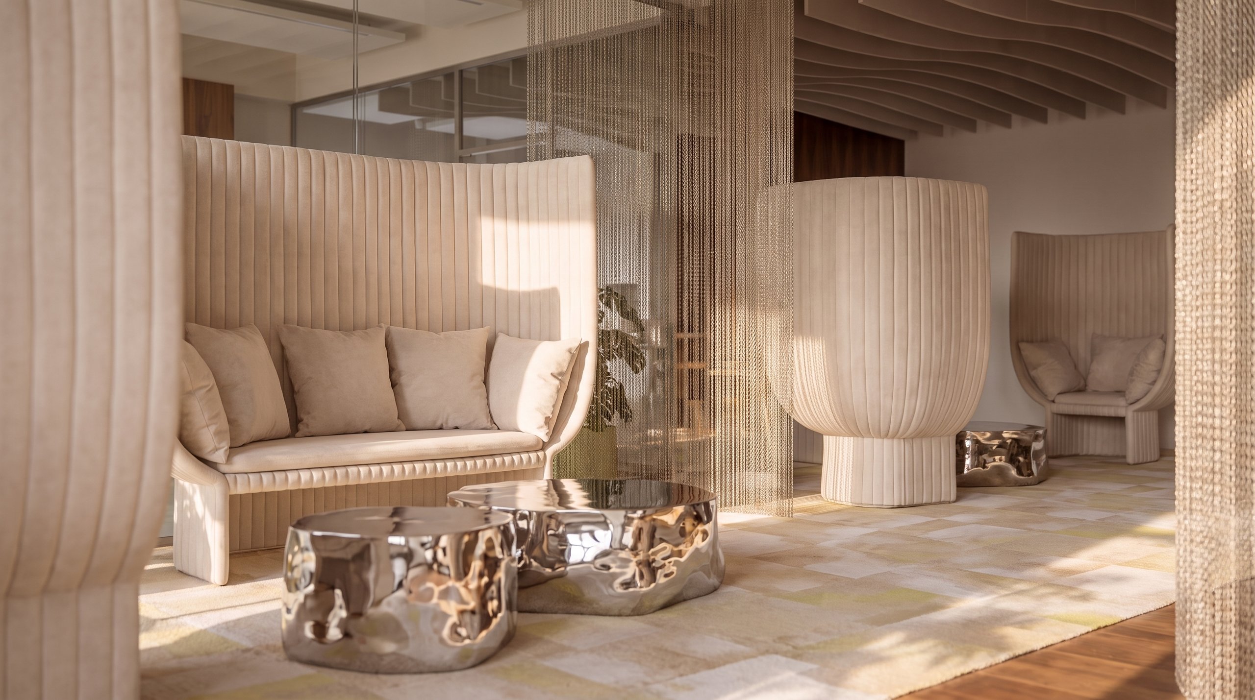 3D-Visualisierung: Innenarchitektur München - Büroprojekt von Innenarchitektur Federleicht in der Schweiz in Zürich: Lounge-Sofa in Nische mit Holzlamellen