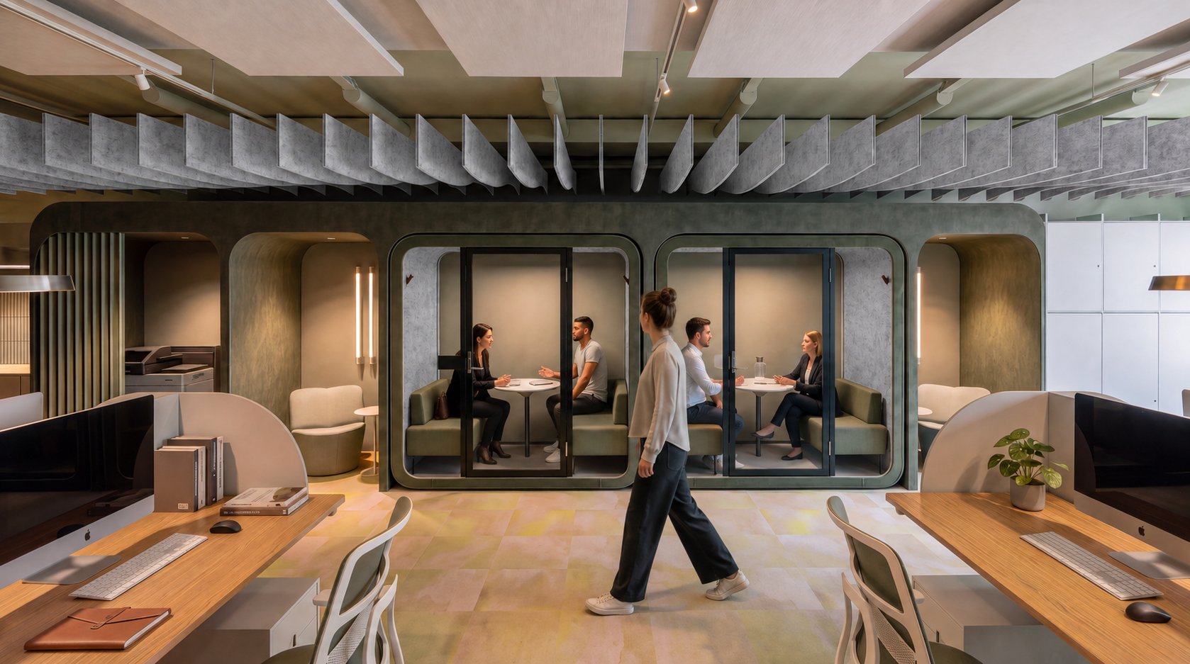 3D-Visualisierung: Innenarchitektur München - Büroprojekt von Innenarchitektur Federleicht in der Schweiz in Zürich: Meeting-Pods mit Glasfront im offenen Büro