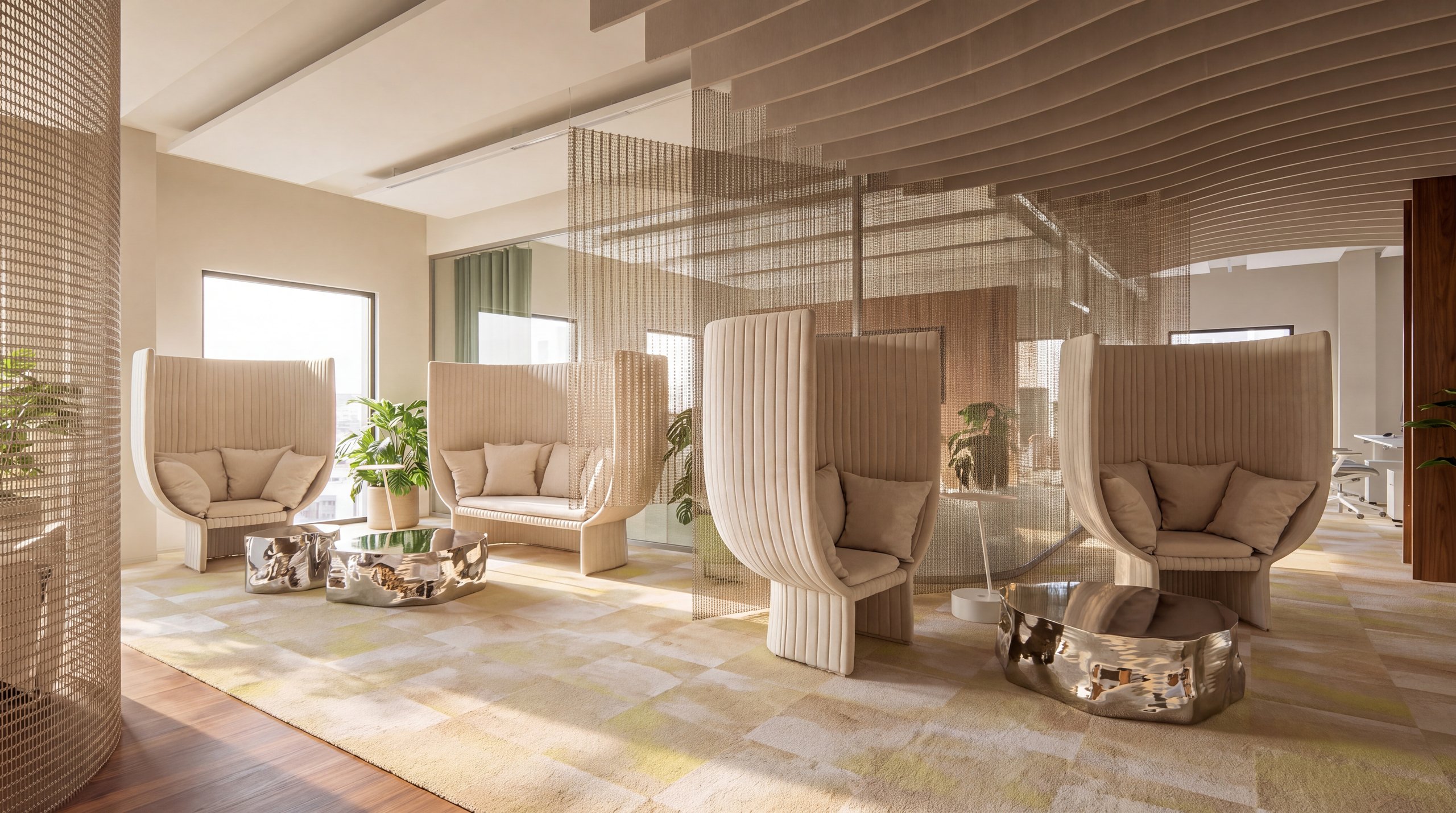 3D-Visualisierung: Innenarchitektur München - Büroprojekt von Innenarchitektur Federleicht in der Schweiz in Zürich: Sitznischen mit hohen Lehnen für konzentriertes Arbeiten