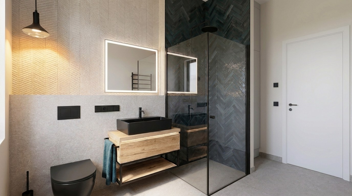 Bad mit Walk-in-Dusche und Fischgrätfliesen im Comfy Penthouse München, Innenarchitektur Federleicht