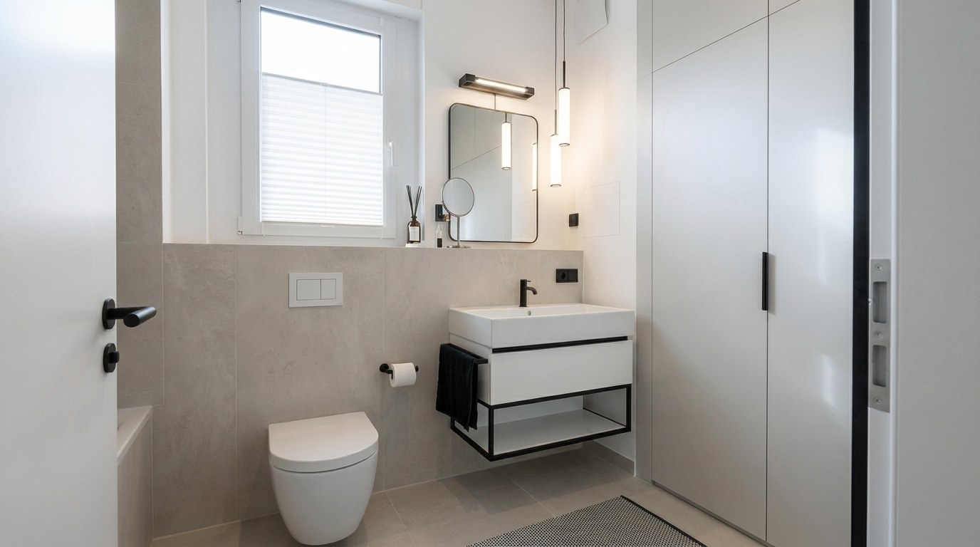 Helles Bad mit Waschtisch und Einbauschrank im Comfy Penthouse München, Innenarchitektur Federleicht