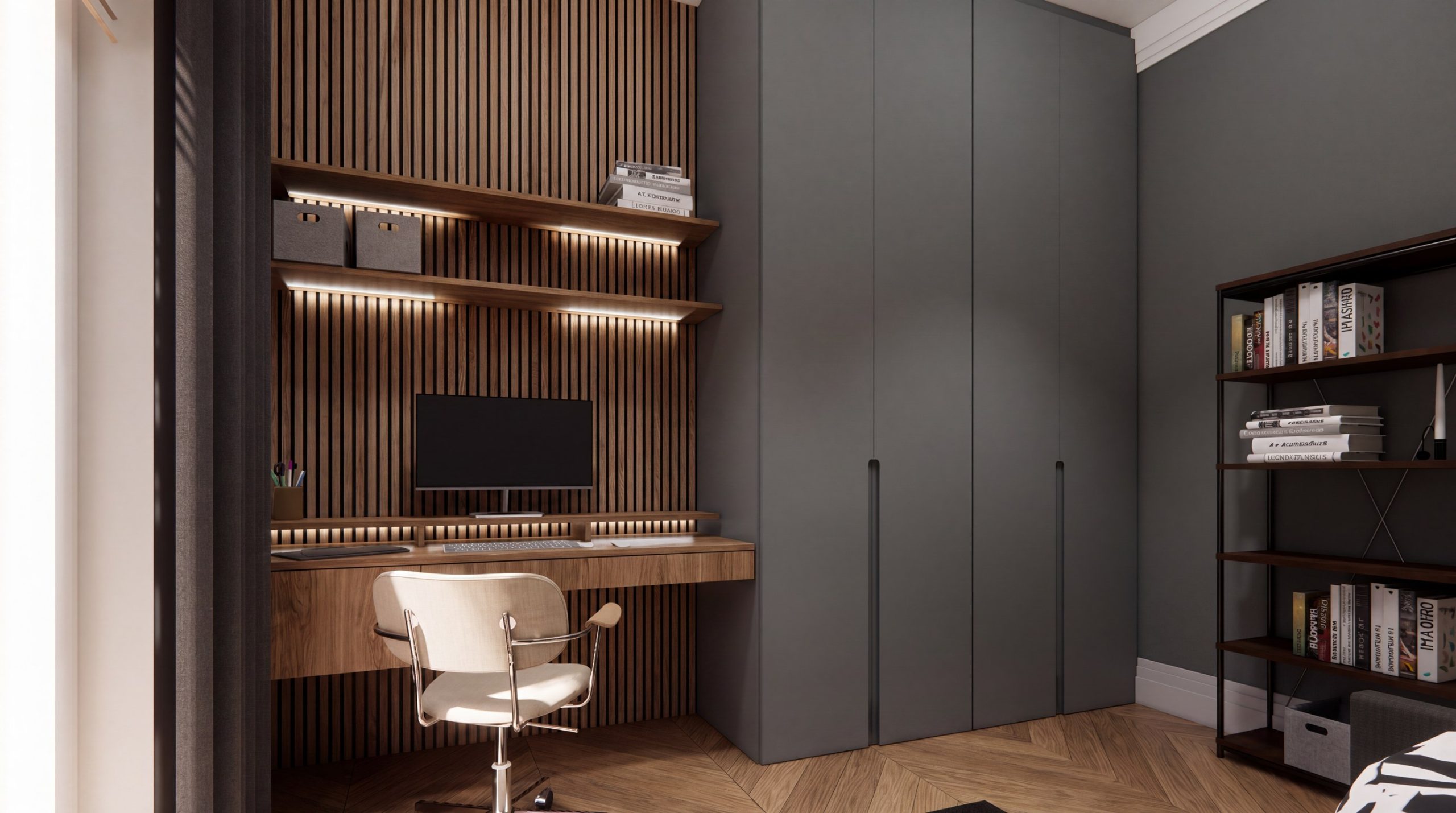Arbeitszimmer mit Lamellenwand und Einbauschrank im Comfy Penthouse München, Visualisierung Innenarchitektur Federleicht