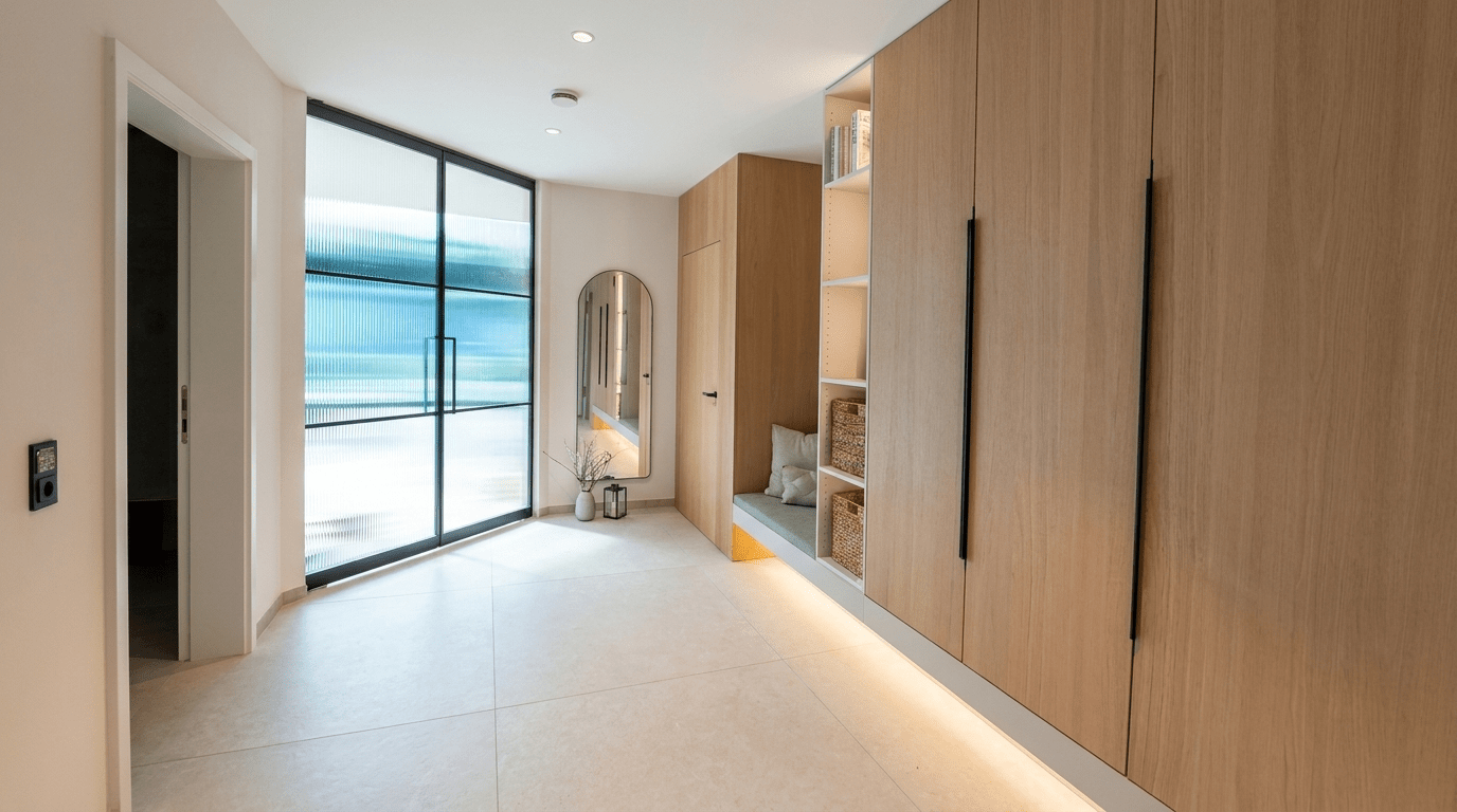 3D-Visualisierung: Ankleide mit Holzschränken, beleuchteter Bank und Poolblick