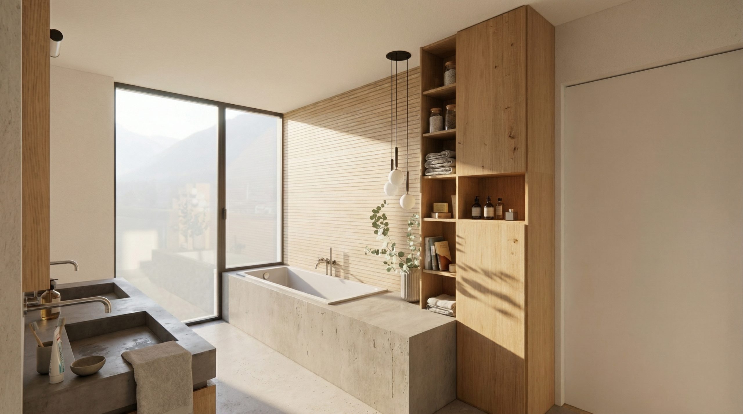 3D-Visualisierung: Bad mit Doppelwaschtisch aus Beton, Holzregal und Bergblick