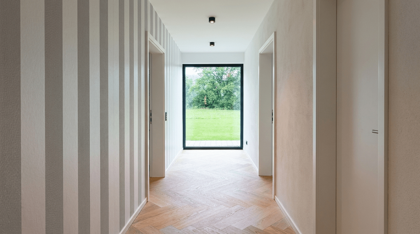 3D-Visualisierung: Flur mit gestreifter Wand, Fischgrätparkett und Gartenblick