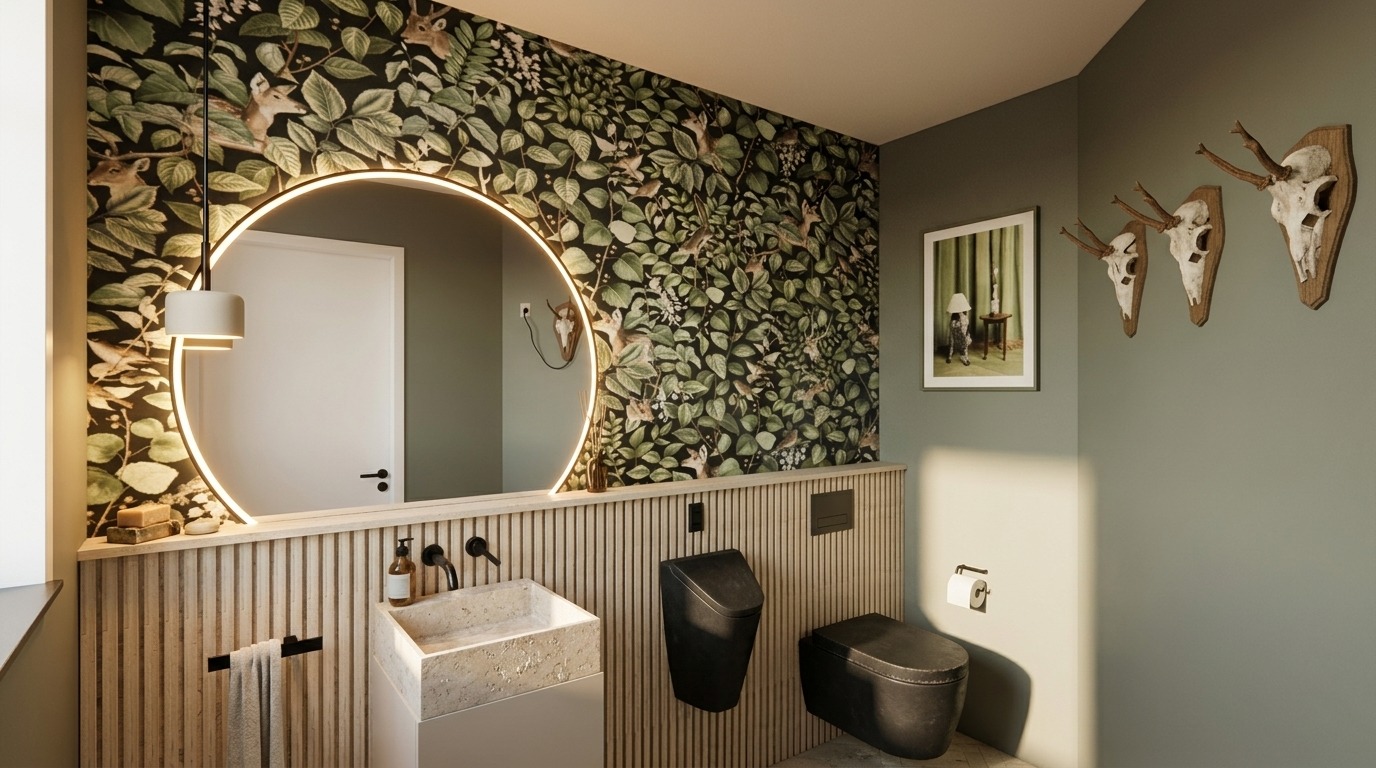 3D-Visualisierung: Gäste-WC mit Blätter-Tapete, beleuchtetem Rundspiegel und Steinwaschbecken