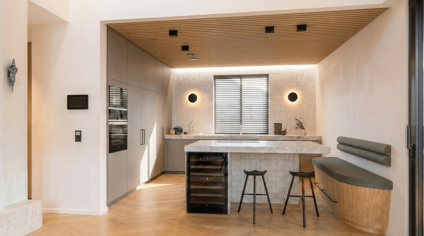 3D-Visualisierung: Offene Küche mit Holzdecke, Steintresen und Sitzbank