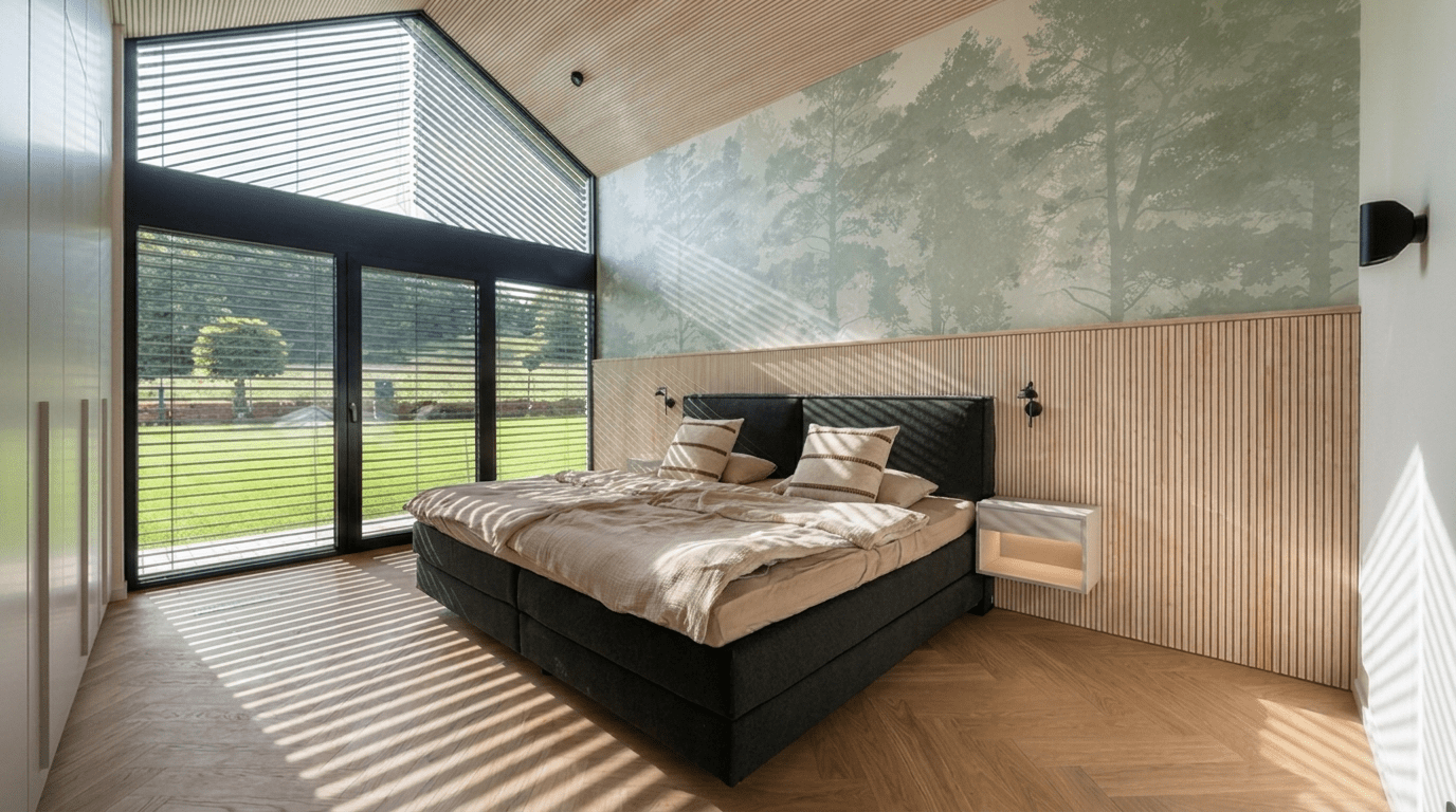 3D-Visualisierung: Schlafzimmer mit schwarzem Bett, Waldmotiv-Tapete und Giebelfenster