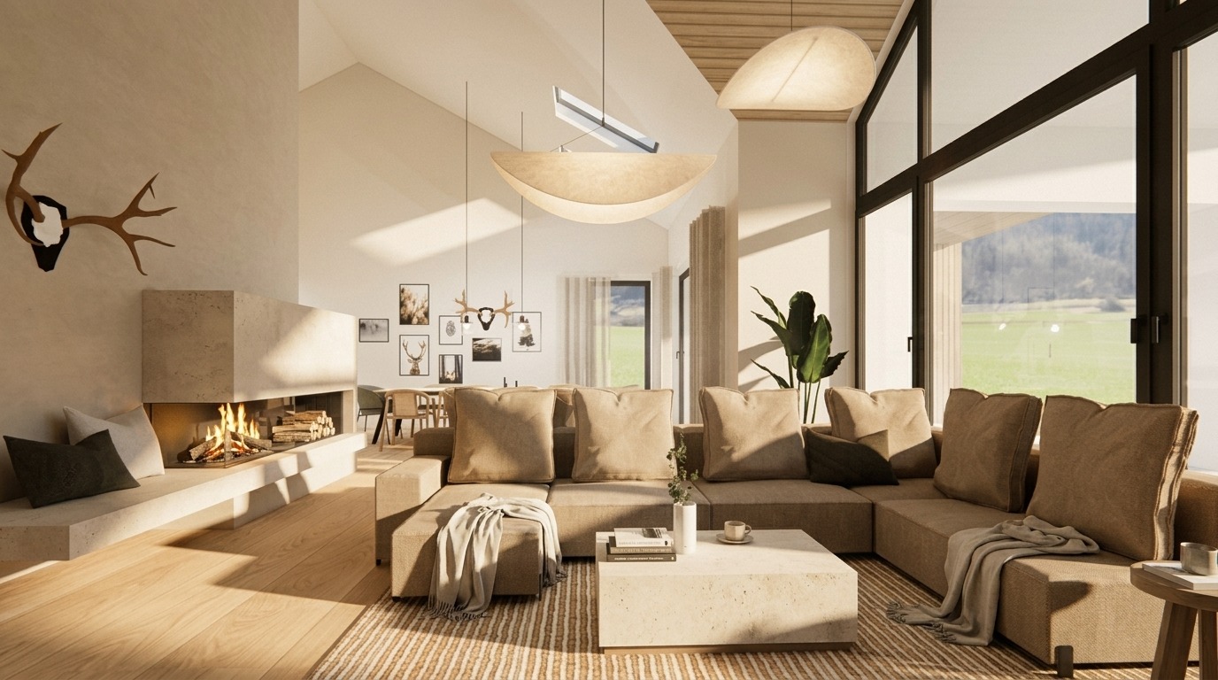 3D-Visualisierung: Wohnzimmer mit beiger Sofalandschaft, Kamin und Geweih-Deko