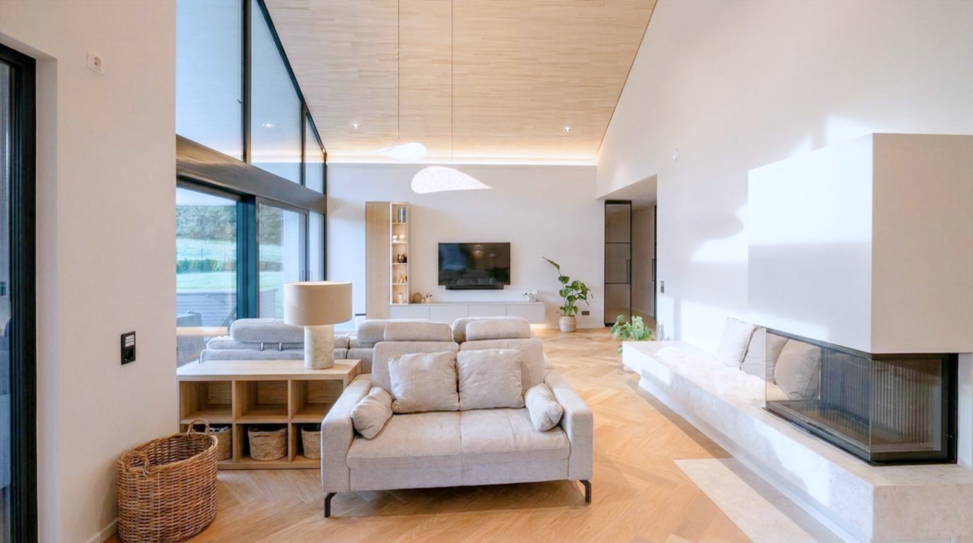3D-Visualisierung: Offener Wohnraum mit Kamin, beiger Couch und Galerie-Glaswand