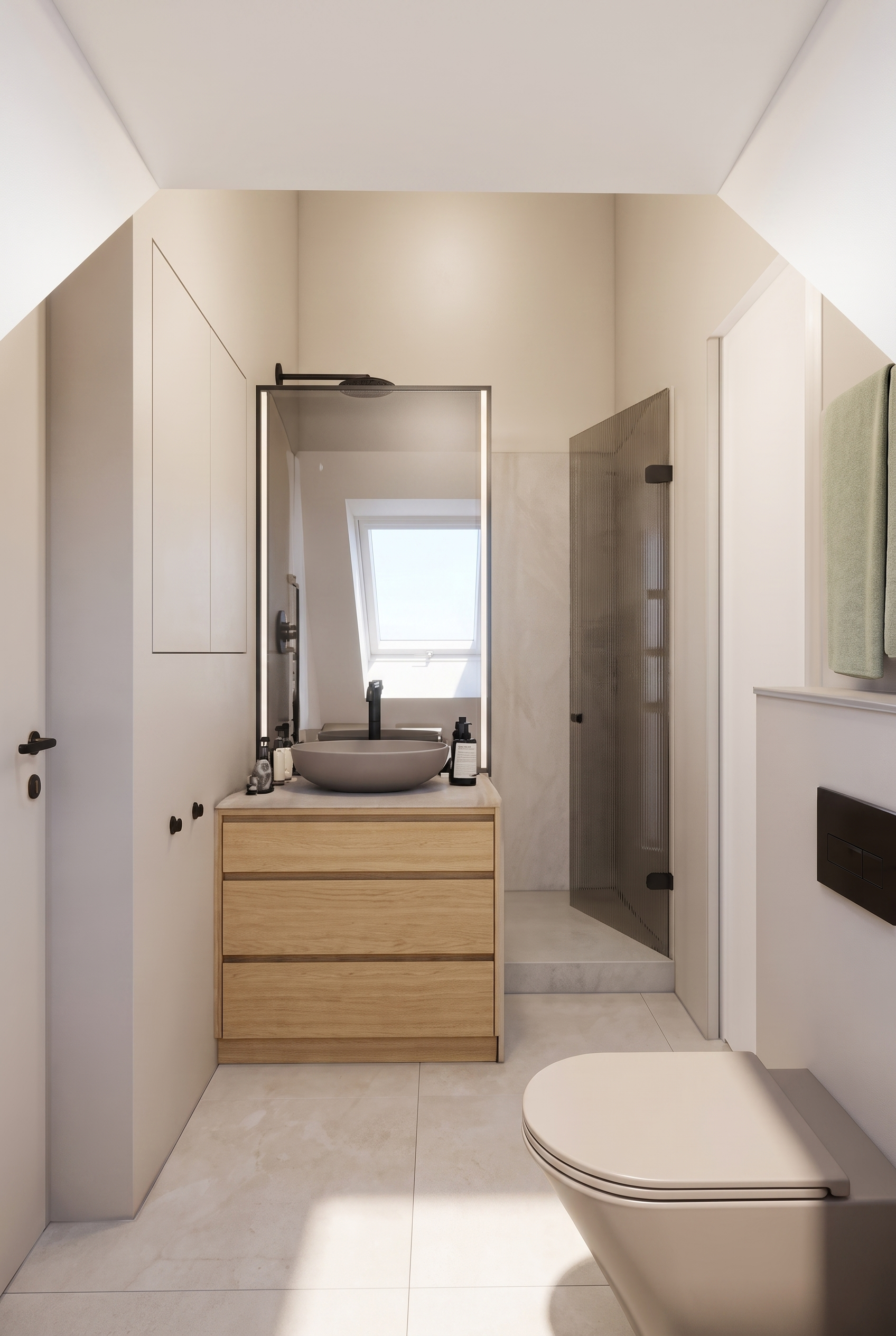 Badezimmer mit Dusche im Scandi Oasis Doppelhaus Herrsching am Ammersee, Innenarchitektur Federleicht