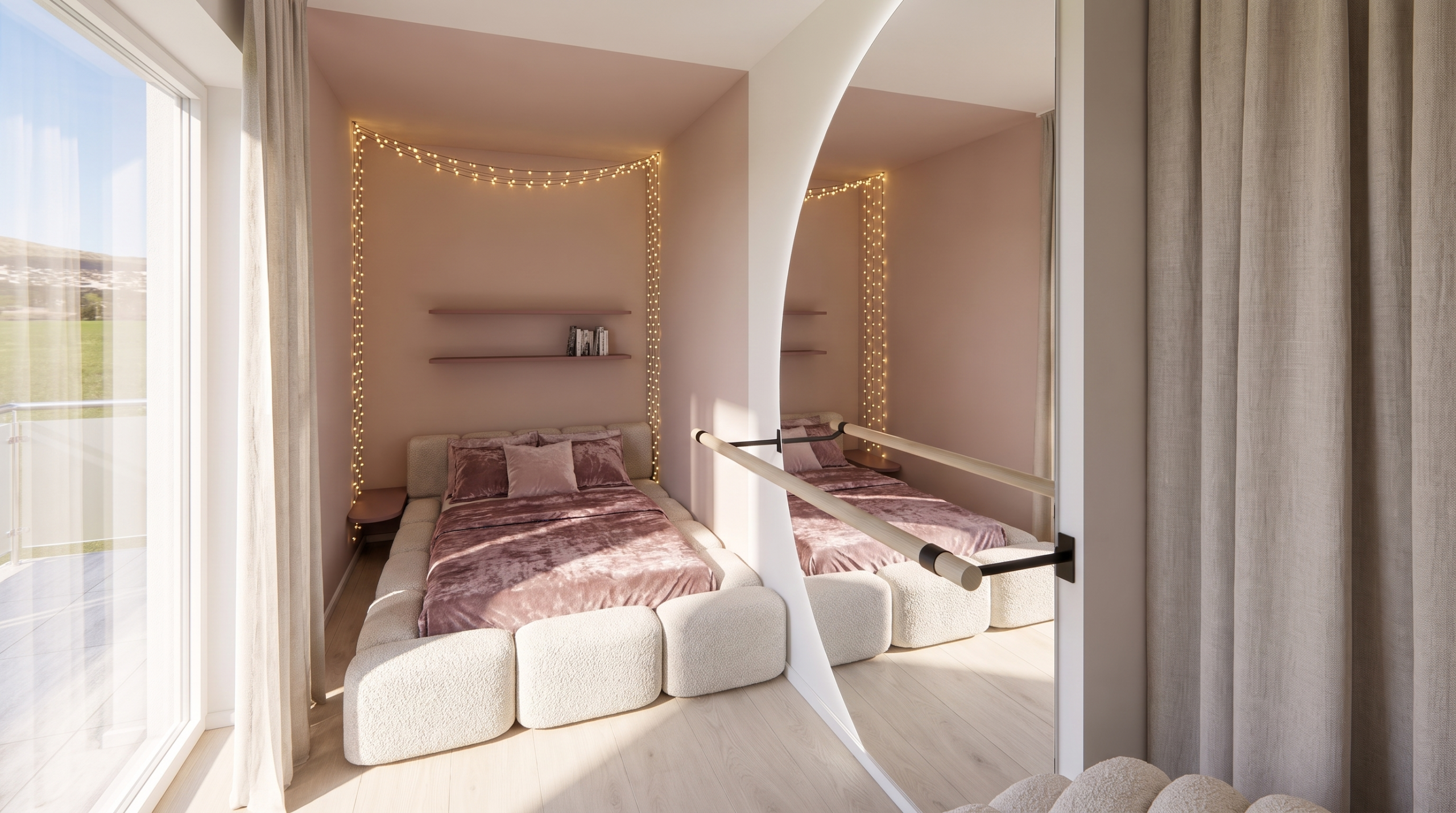 Maedchenzimmer mit Lichterkette im Scandi Oasis Doppelhaus Herrsching am Ammersee, Innenarchitektur Federleicht