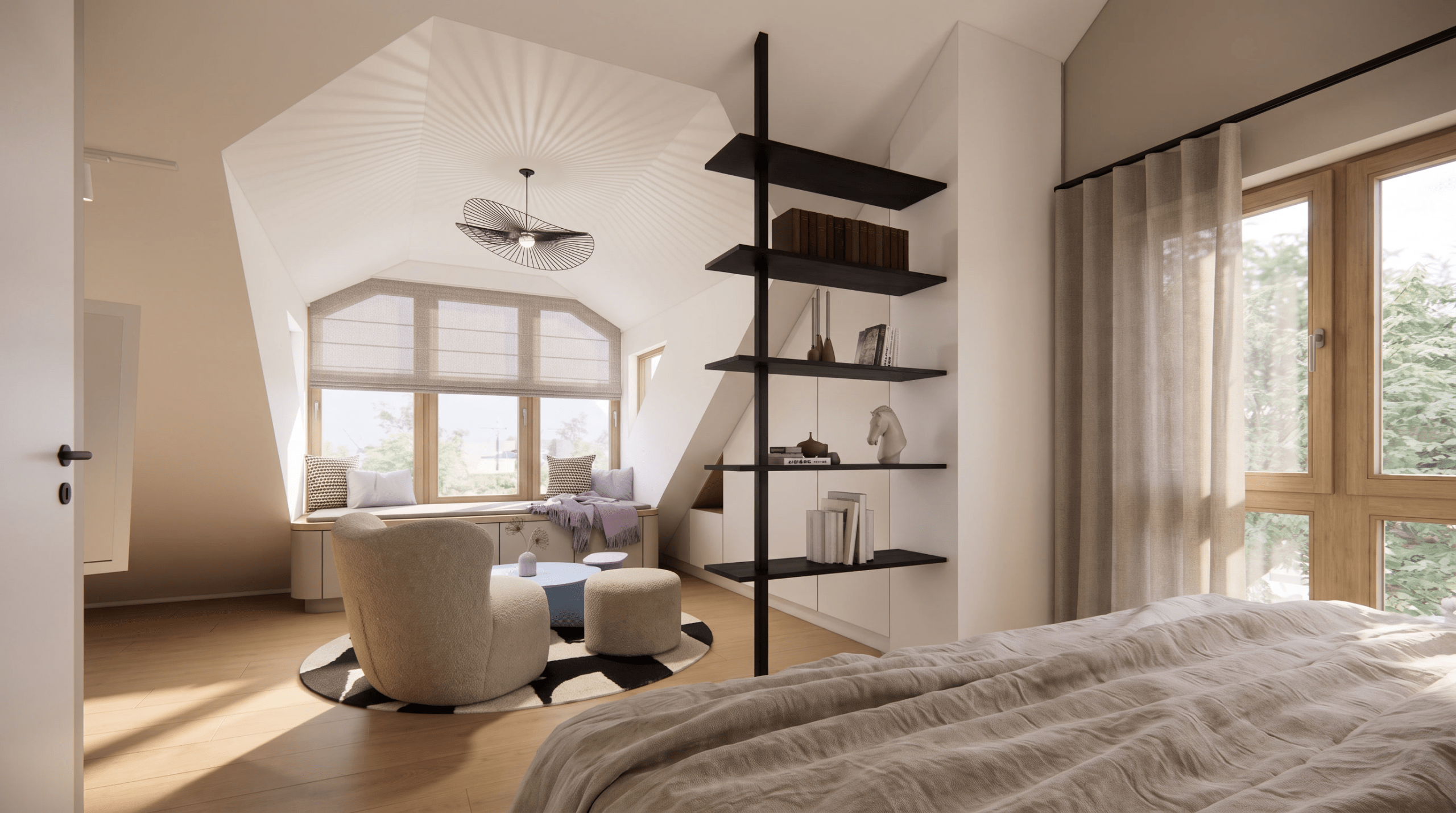 Schlafzimmer mit Leseplatz im Scandi Oasis Doppelhaus Herrsching am Ammersee, Innenarchitektur Federleicht