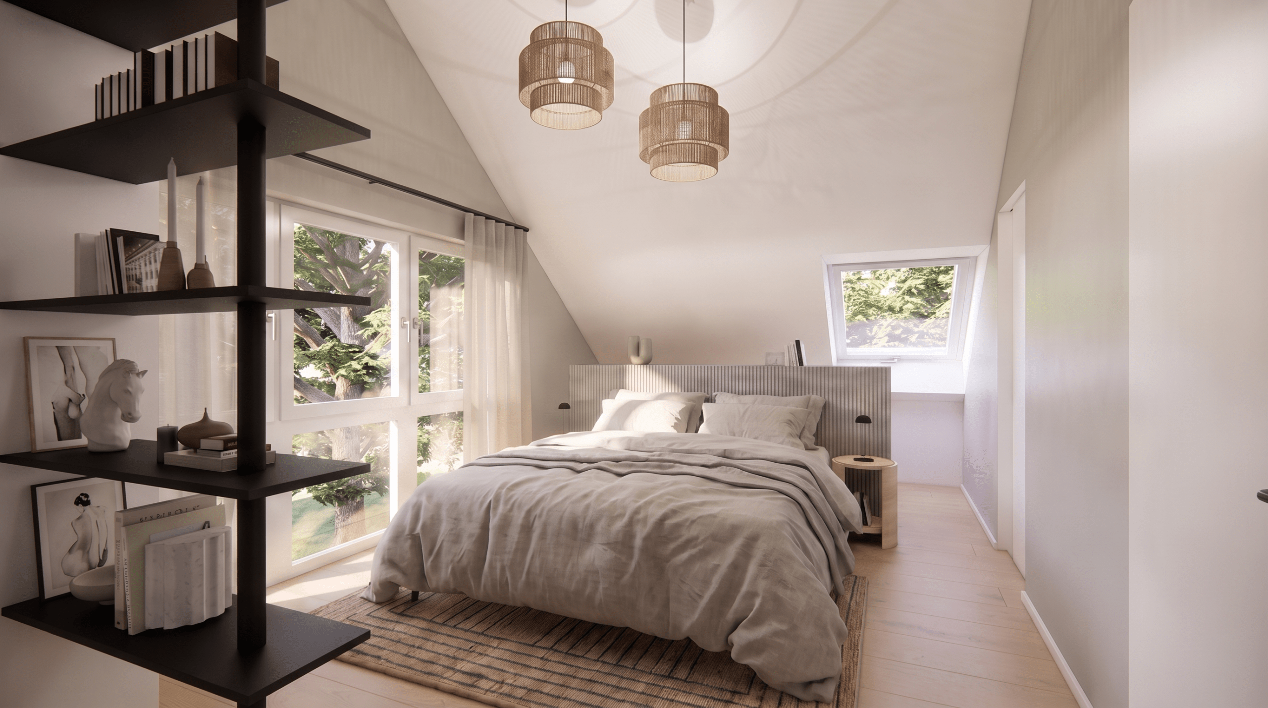 Schlafzimmer im Scandi Oasis Doppelhaus Herrsching am Ammersee, Innenarchitektur Federleicht