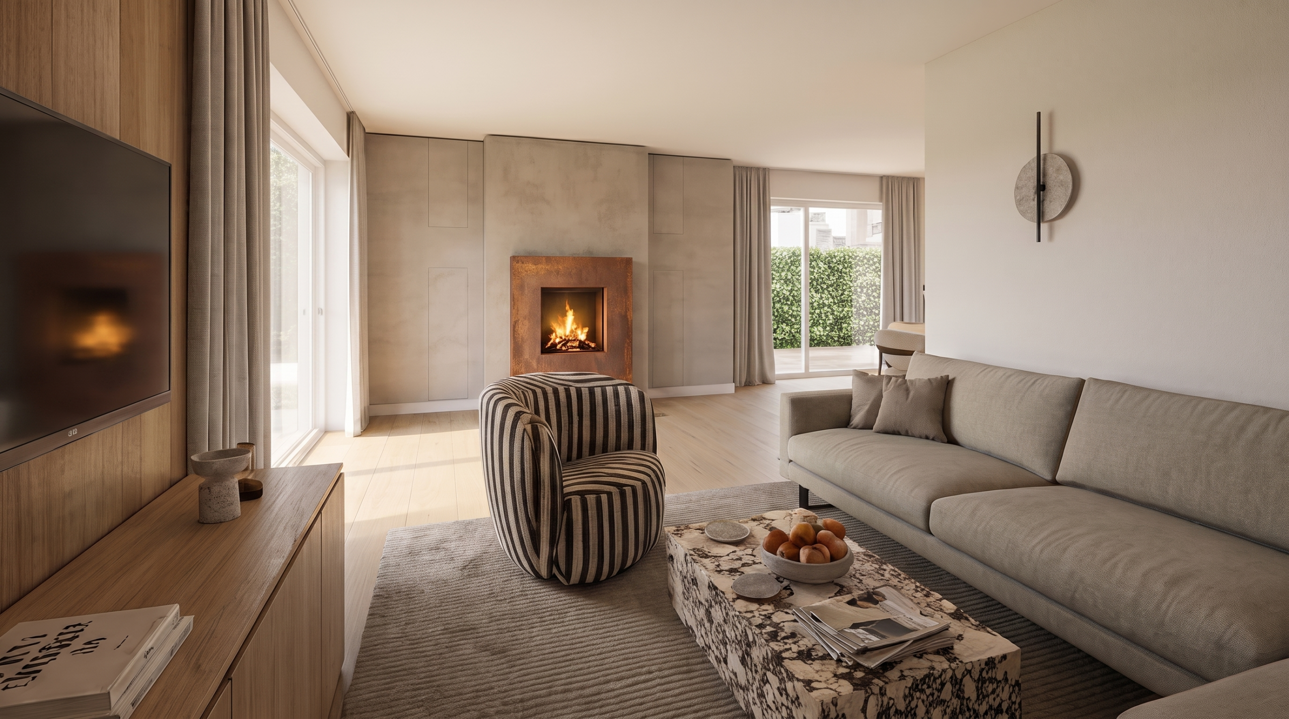 Wohnzimmer mit Kamin im Scandi Oasis Doppelhaus Herrsching am Ammersee, Innenarchitektur Federleicht