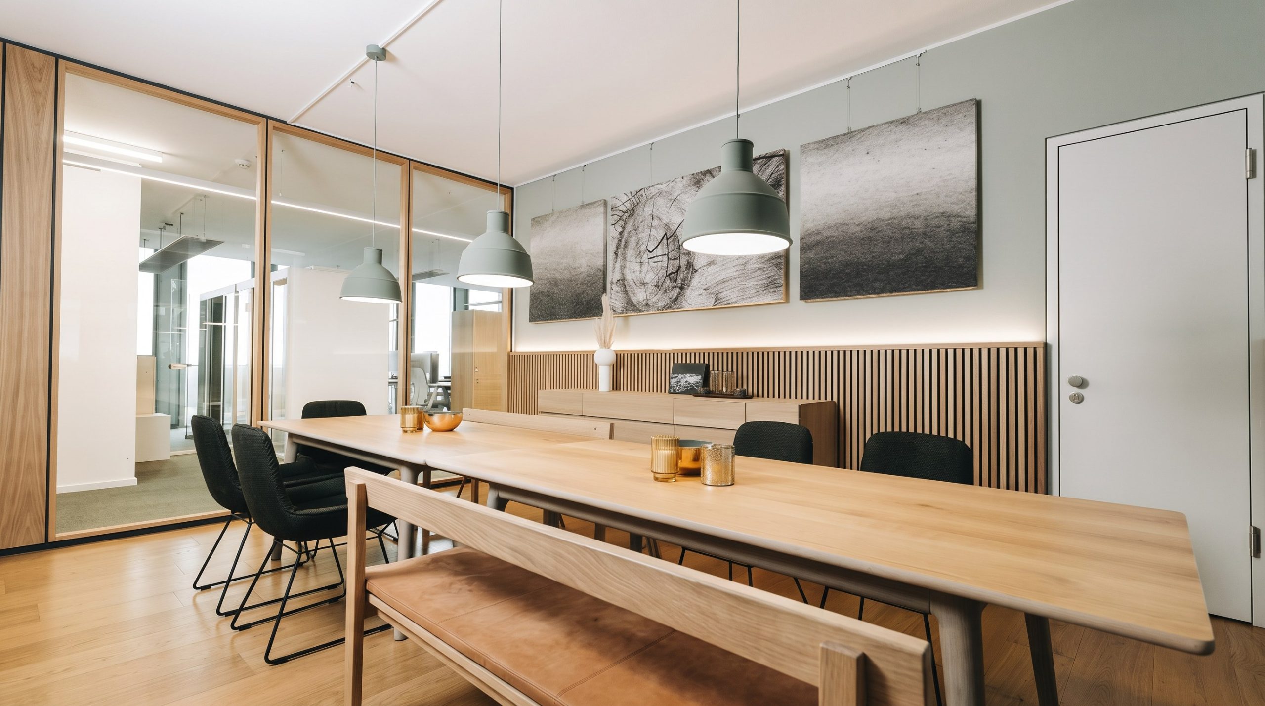 Essbereich mit langer Holztafel, Sitzbank und Pendelleuchten bei Tengelmann Twenty-One KG in München, Innenarchitektur Federleicht