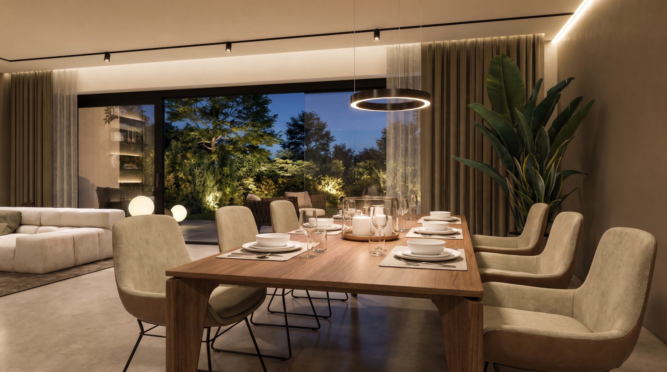 Essbereich am Abend, Aurum Elegance – Innenarchitektur Federleicht München