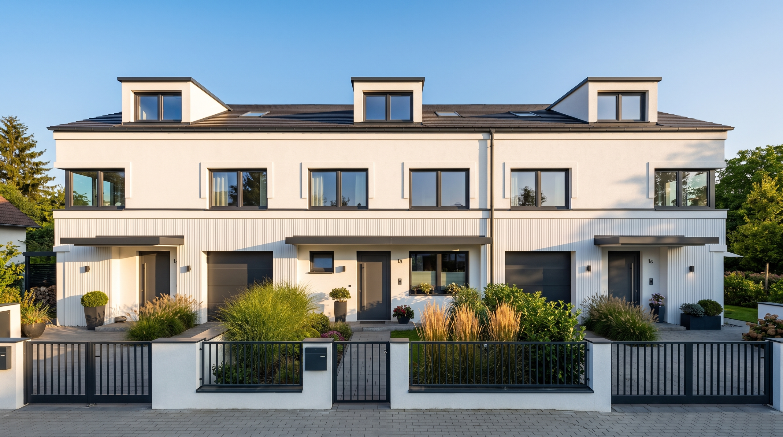 Außenansicht der drei Aurum-Stadthäuser in München Solln, weiße Fassade mit Lamellen, Neubau 2026