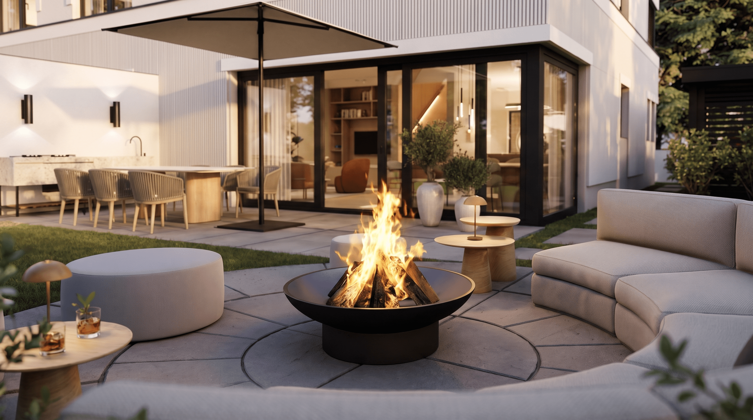 Garten mit Feuerschale, Outdoor-Lounge und Blick zur beleuchteten Terrasse in der Abenddämmerung, München Solln