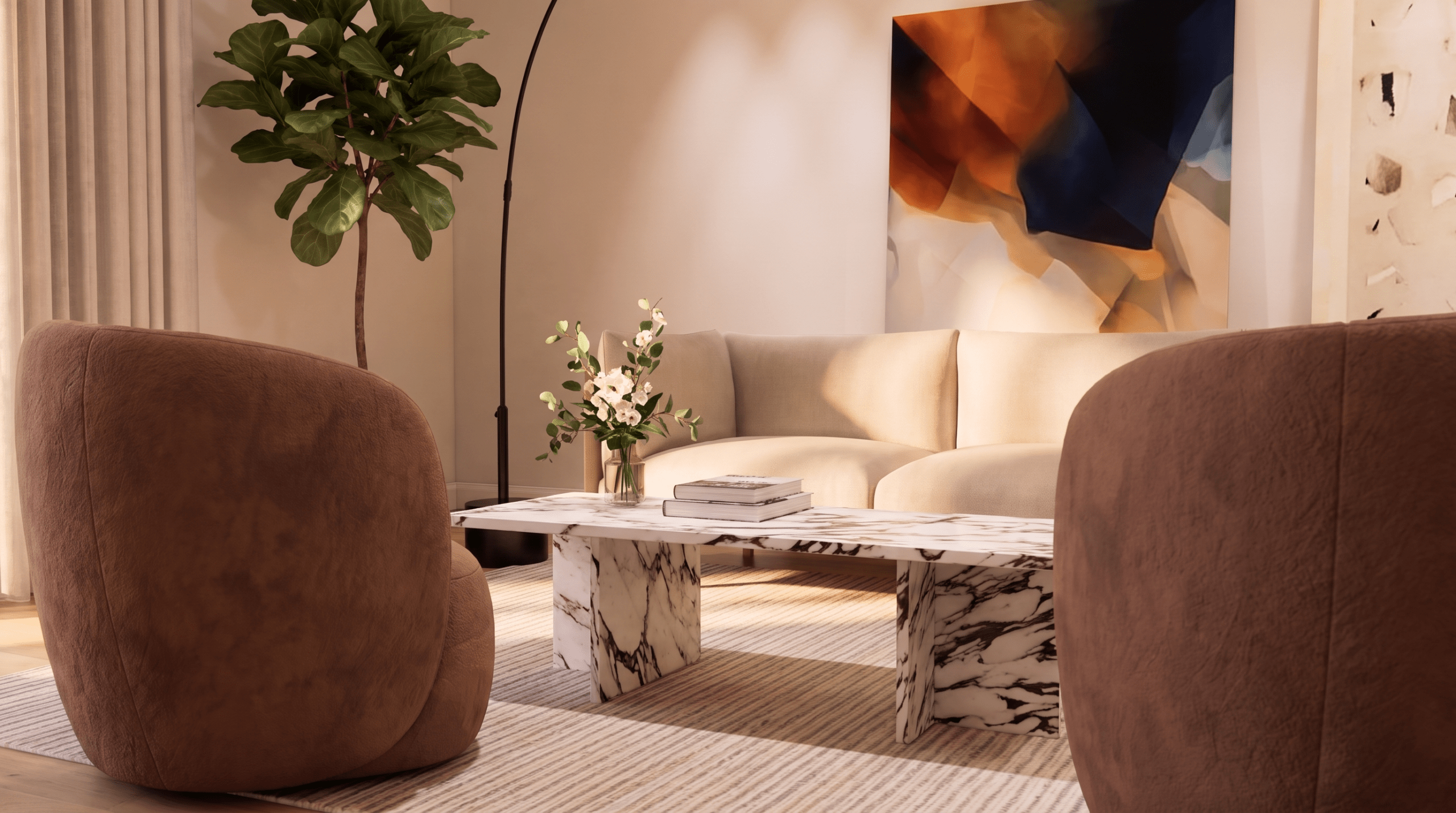 Wohnbereich Detail mit Violetta-Marmorcouchtisch, Leinensofa und abstraktem Gemälde, München Solln