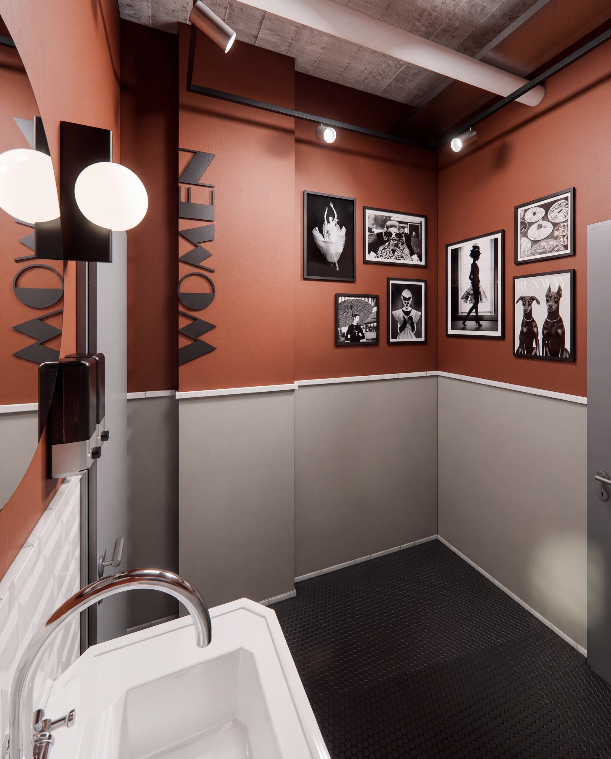 Innenarchitektur München – Bürogestaltung im Coworking Space, Damentoilette, Terrakotta und WOMEN-Schriftzug bei CLO Virtual Fashion Büro München
