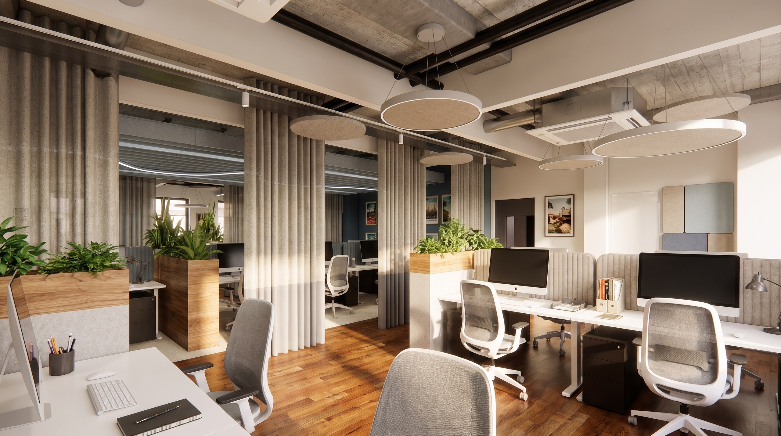 Innenarchitektur München – Bürogestaltung im Coworking Space, Großraumbüro, Arbeitsplätze mit Vorhängen und Pflanzkästen bei CLO Virtual Fashion Büro München