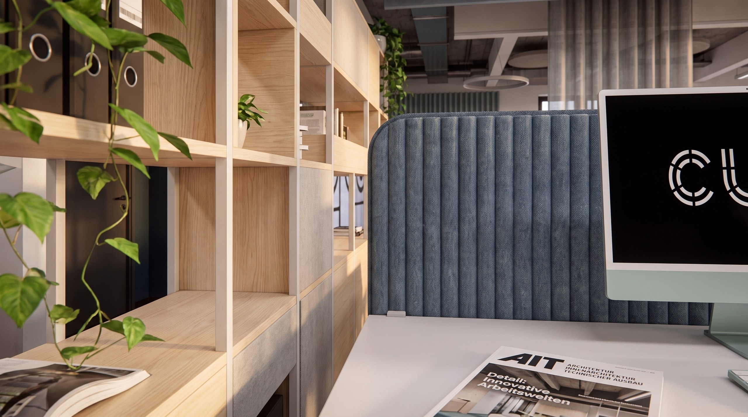 Innenarchitektur München – Bürogestaltung im Coworking Space, Großraumbüro, Arbeitsplatz mit Holzregal und blauer Akustikwand bei CLO Virtual Fashion Büro München