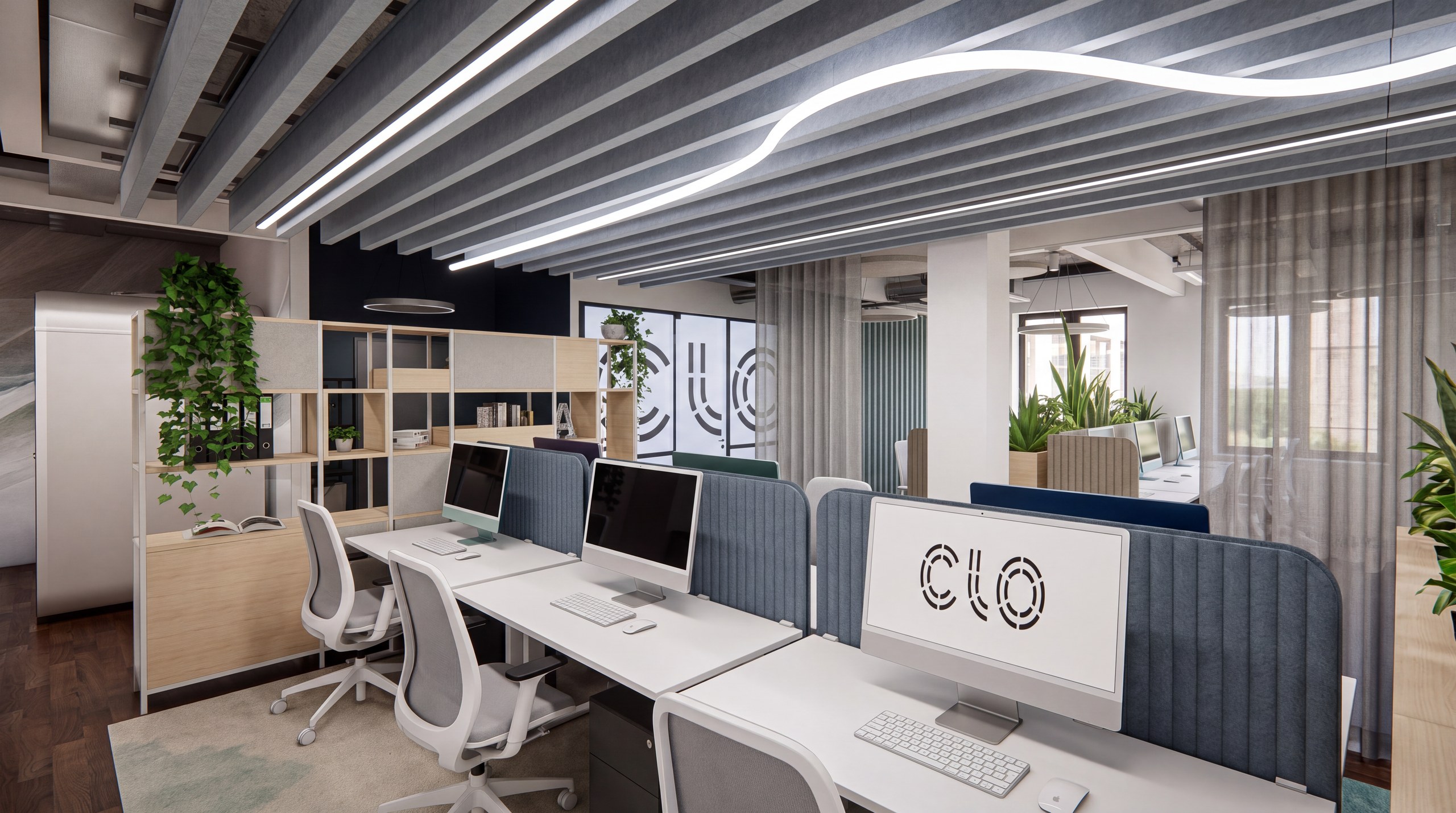 Innenarchitektur München – Bürogestaltung im Coworking Space, Großraumbüro, geschwungenes LED-Licht und blaue Akustiktrennwände bei CLO Virtual Fashion Büro München