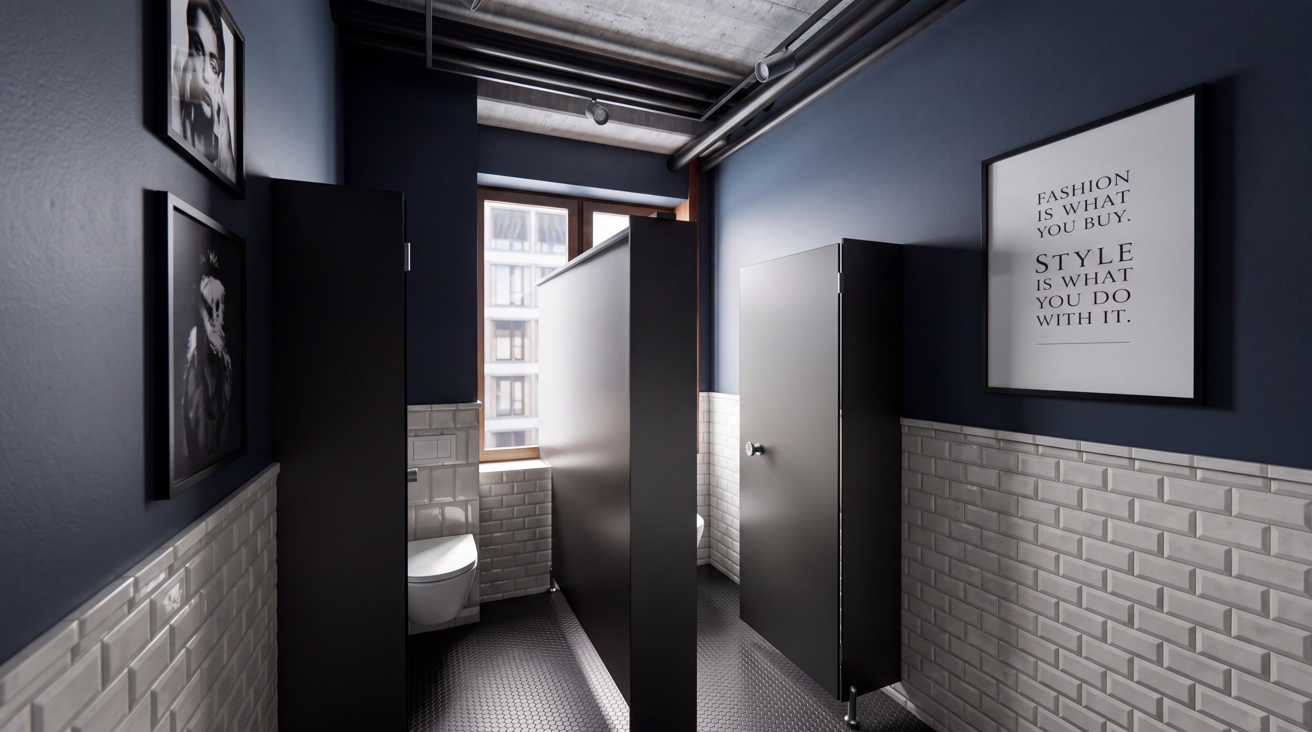 Innenarchitektur München – Bürogestaltung im Coworking Space, Herrentoilette, Marineblau, Metrofliesen und Modezitat bei CLO Virtual Fashion Büro München
