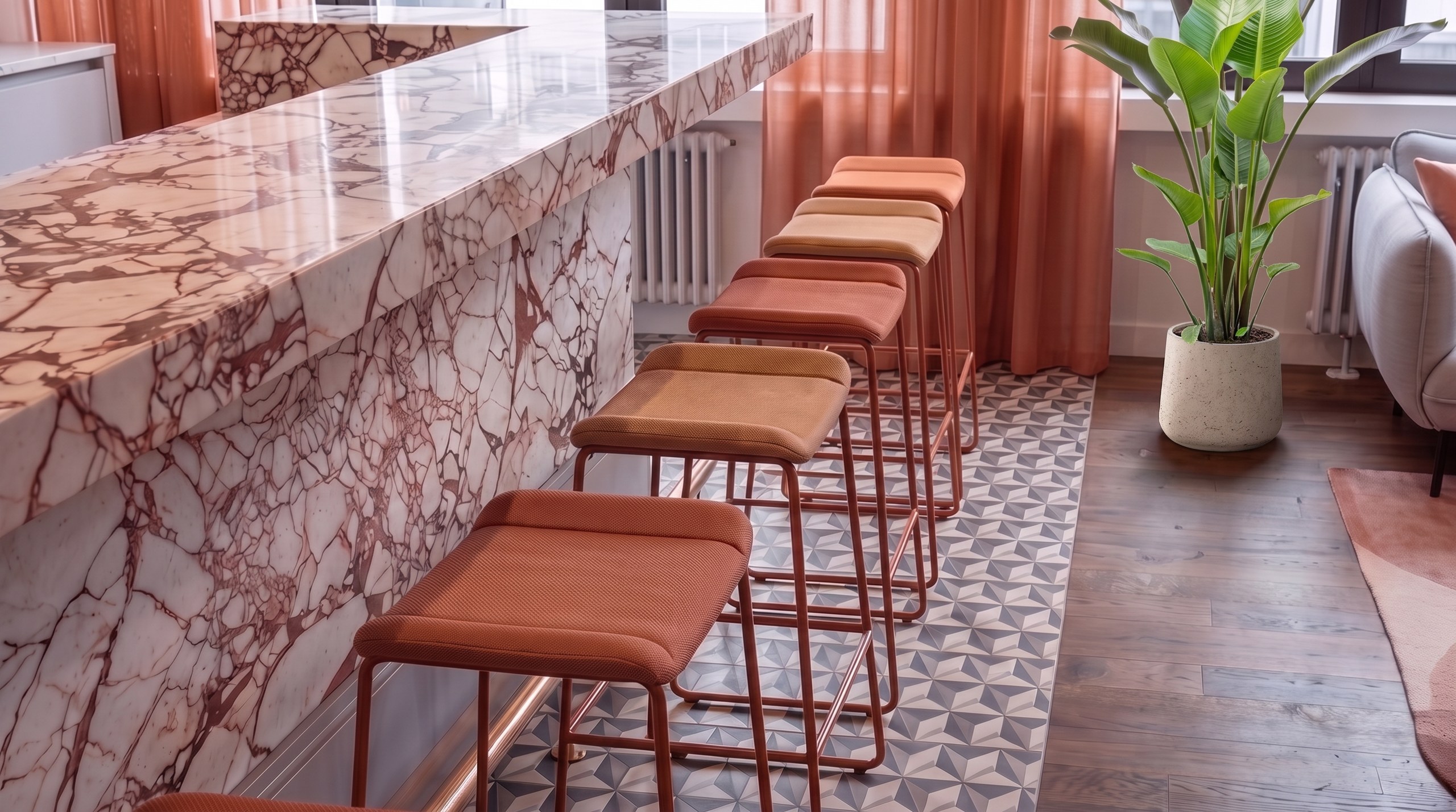 Innenarchitektur München – Bürogestaltung im Coworking Space, Küche, Marmortheke und Zementfliesenboden im Detail bei CLO Virtual Fashion Büro München