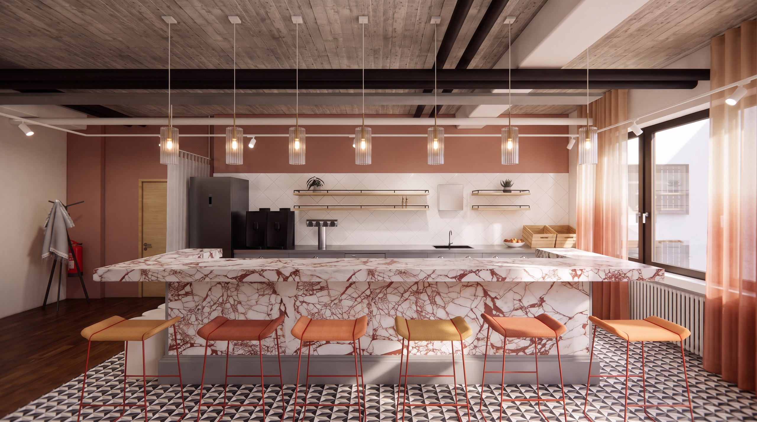 Innenarchitektur München – Bürogestaltung im Coworking Space, Küche, Marmortheke mit terrakottafarbenen Barhockern bei CLO Virtual Fashion Büro München