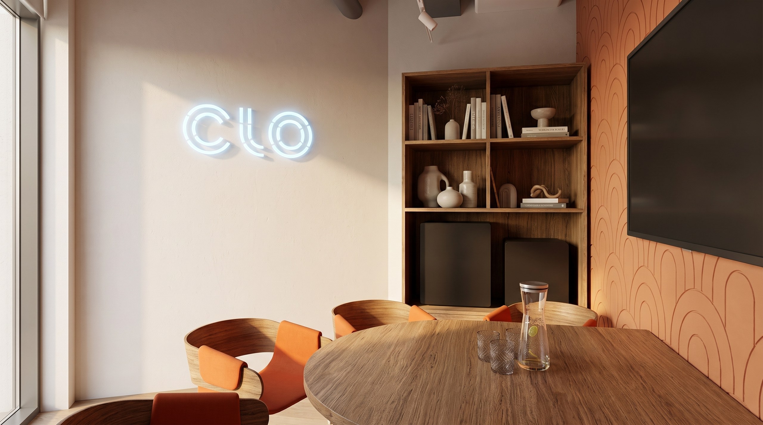 Innenarchitektur München – Bürogestaltung im Coworking Space, Meetingraum Seoul, leuchtender CLO-Schriftzug und Holzregal bei CLO Virtual Fashion Büro München