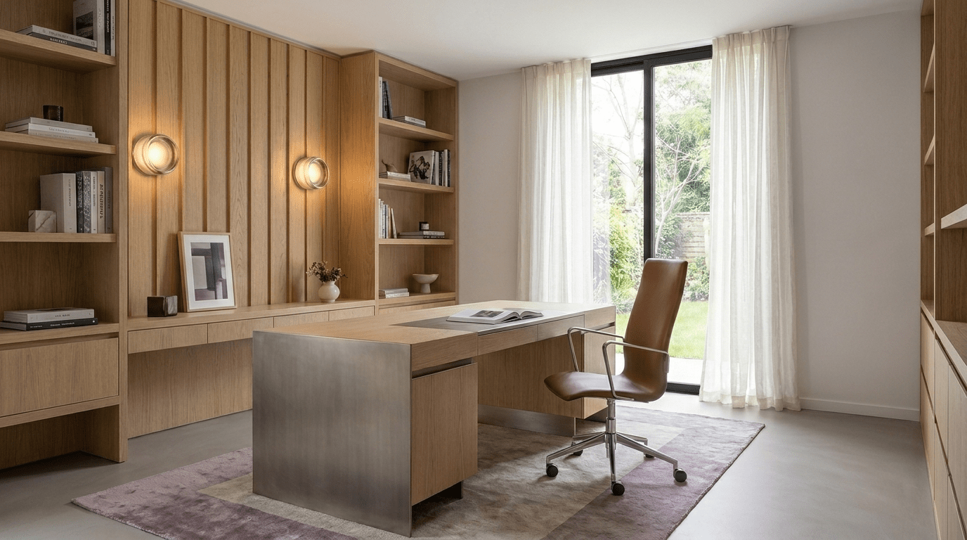Innenarchitektur München – Entwurf, Ausführungsplanung, Ausschreibung, Bauleitung, Arbeitszimmer, Regalwand bei Nordischer Glamour in München Solln