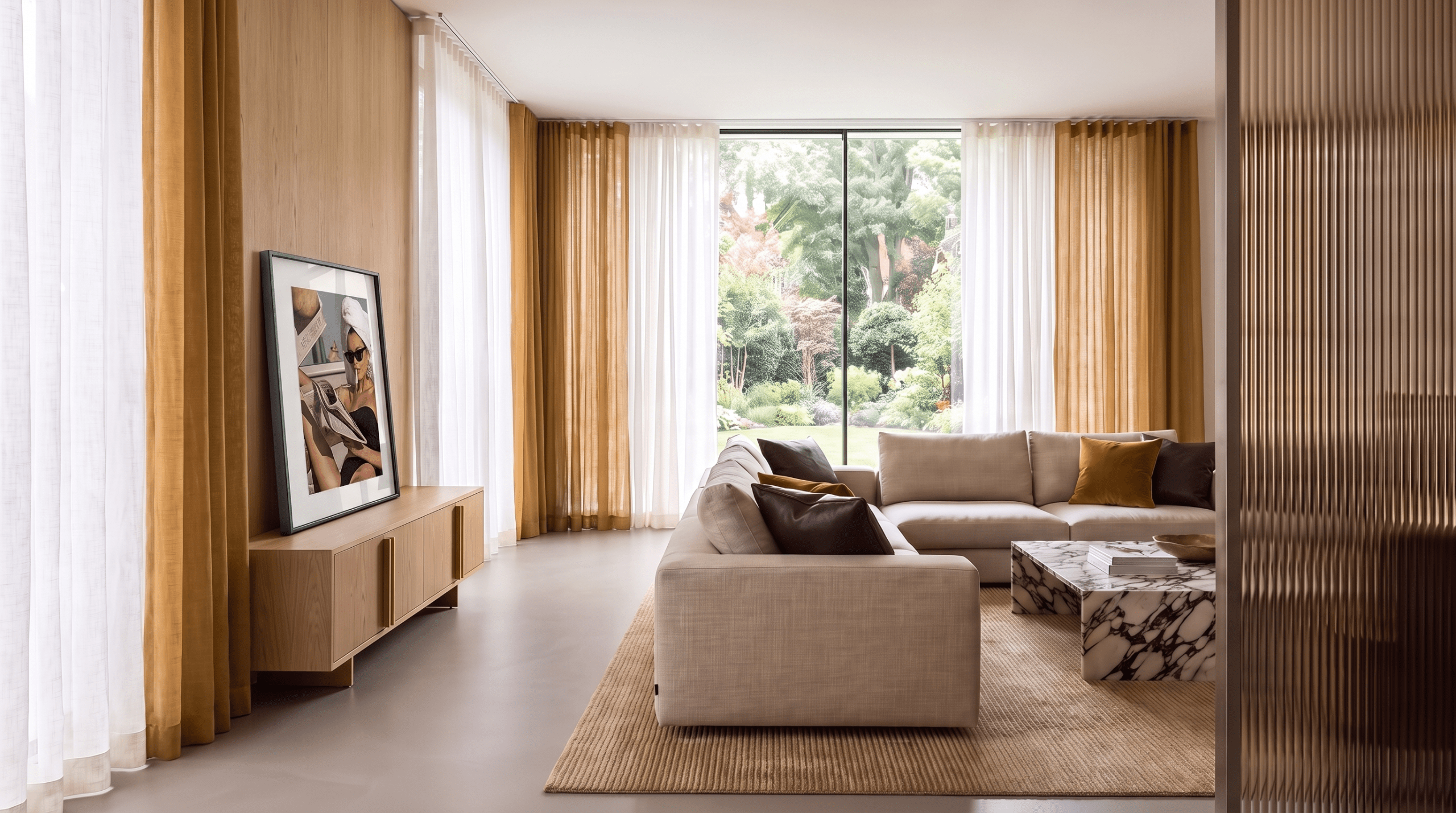 Innenarchitektur München – Entwurf, Ausführungsplanung, Ausschreibung, Bauleitung, Wohnzimmer, Sofa mit goldenen Leinenvorhängen bei Nordischer Glamour in München Solln