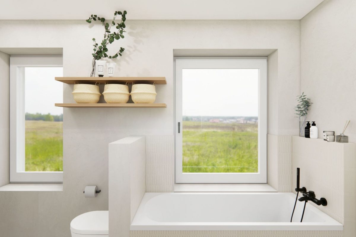 Innenarchitektur München, Büro Innenarchitektur Federleicht – Reihenendhaus Sanierung/Renovierung, modernes Badezimmer mit Duschbereich, Badewanne und natürlichen Holzdetails