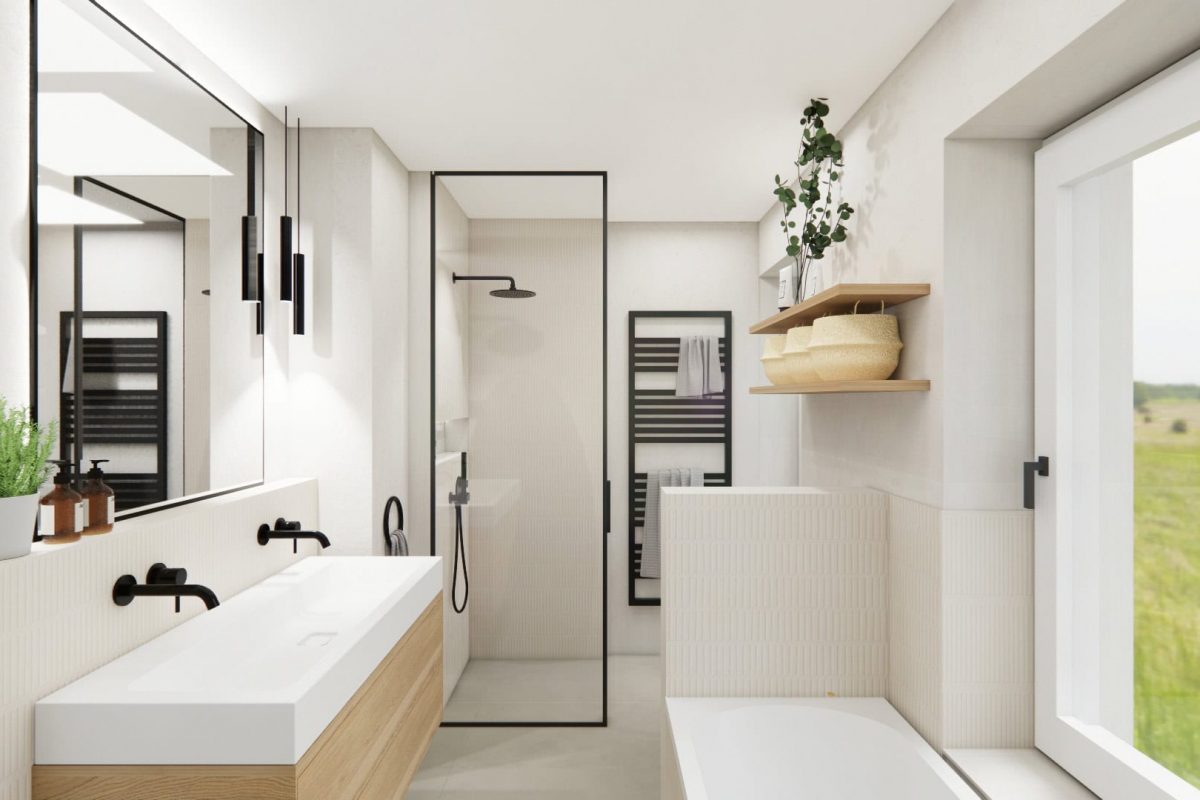 Innenarchitektur München, Büro Innenarchitektur Federleicht – Reihenendhaus Sanierung/Renovierung, modernes Badezimmer mit Duschbereich, Badewanne und natürlichen Holzdetails